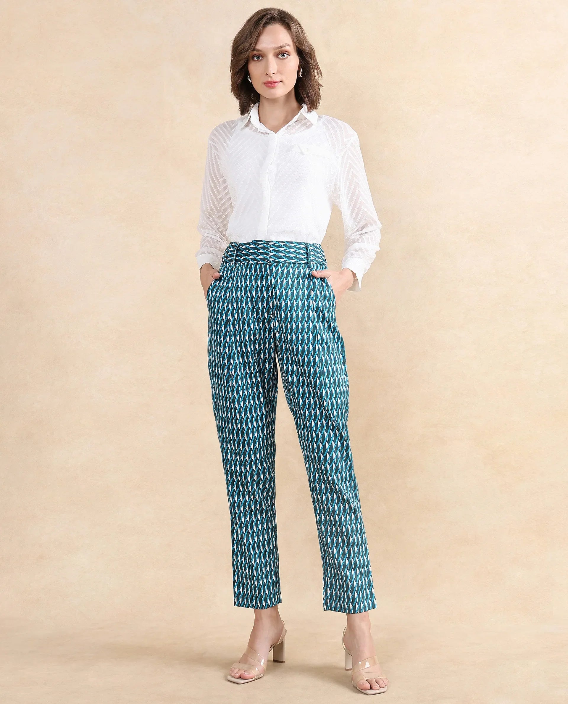 Rareism Women's Simple Multi Cotton Geometric Print Ankle Length Tapered Trouser