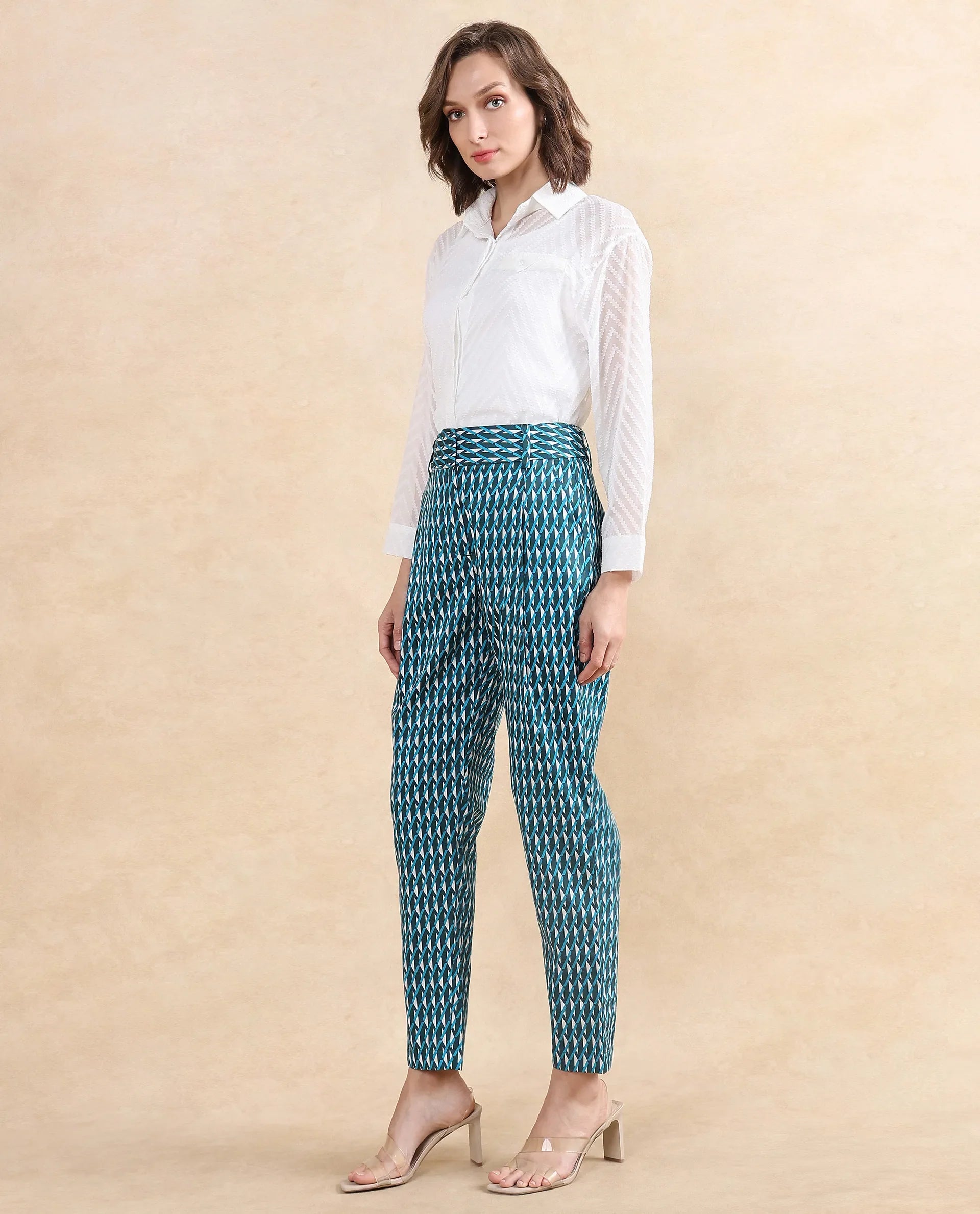 Rareism Women's Simple Multi Cotton Geometric Print Ankle Length Tapered Trouser