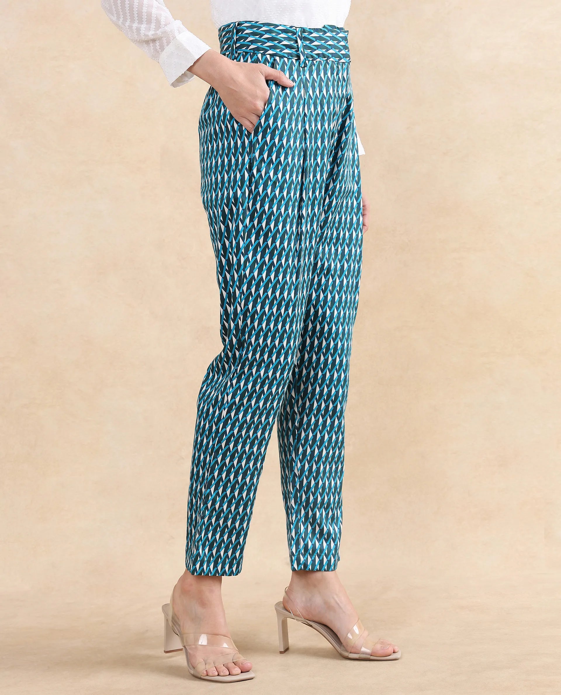 Rareism Women's Simple Multi Cotton Geometric Print Ankle Length Tapered Trouser