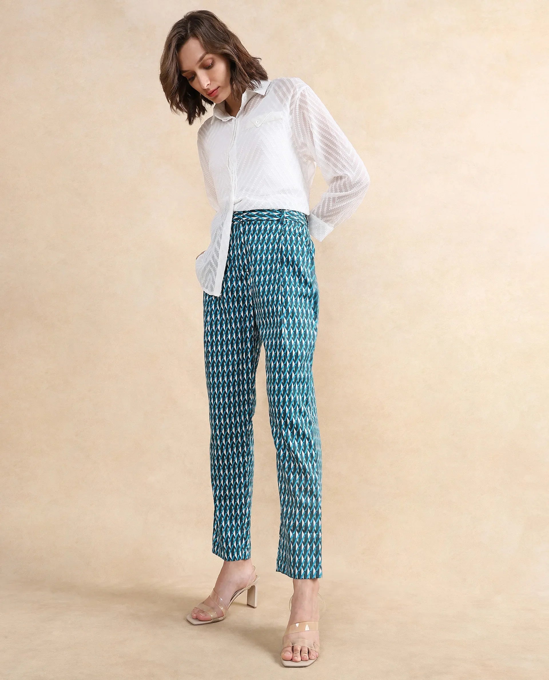 Rareism Women's Simple Multi Cotton Geometric Print Ankle Length Tapered Trouser
