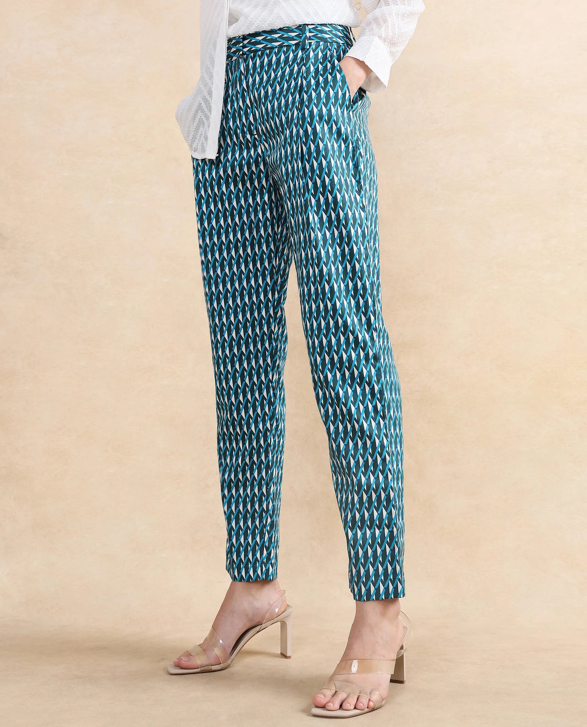 Rareism Women's Simple Multi Cotton Geometric Print Ankle Length Tapered Trouser
