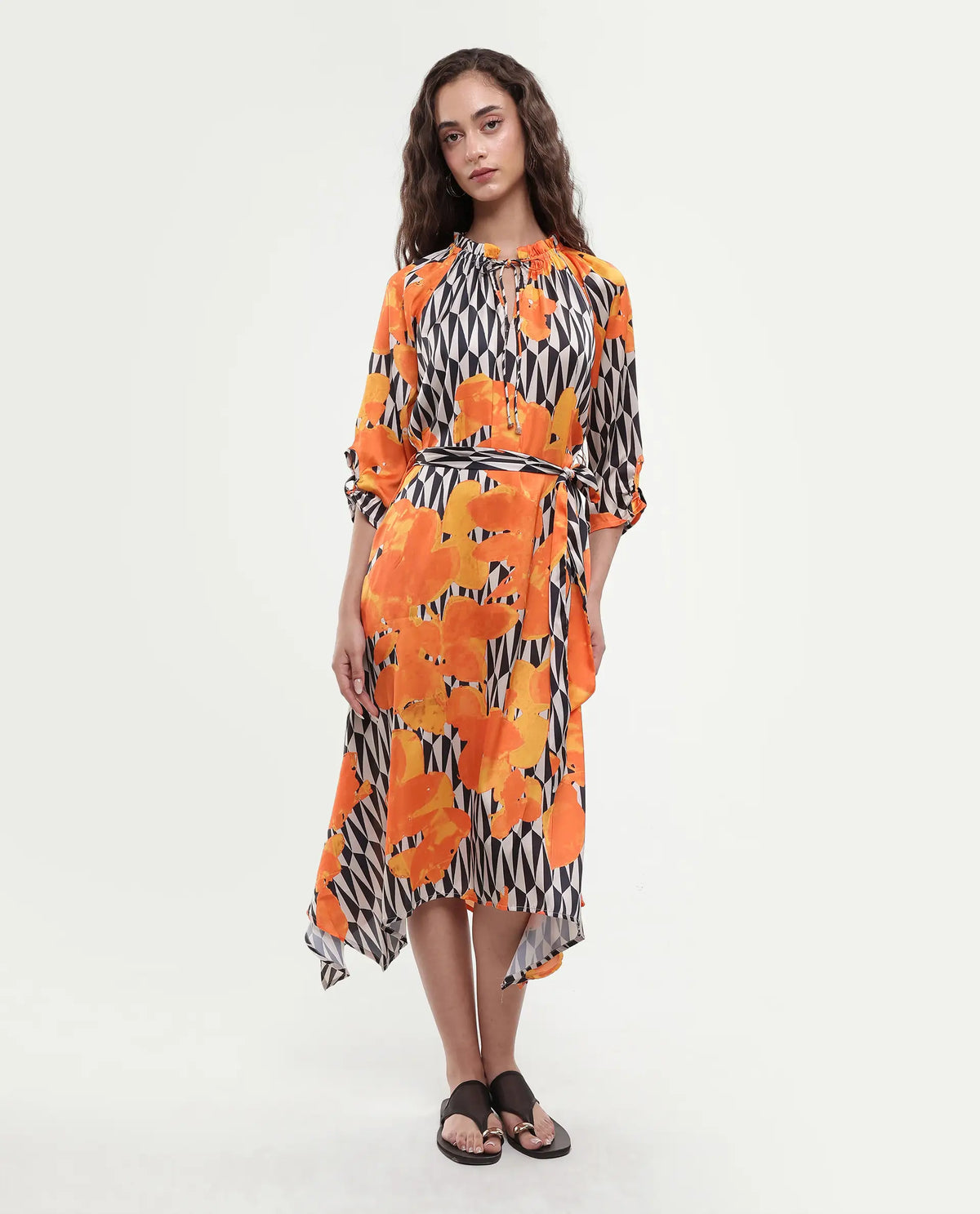 Rareism Women's Sings Black Polyester Tie-Up Neck Abstract Print Raglan Sleeve Knee Length Relaxed Fit Dress