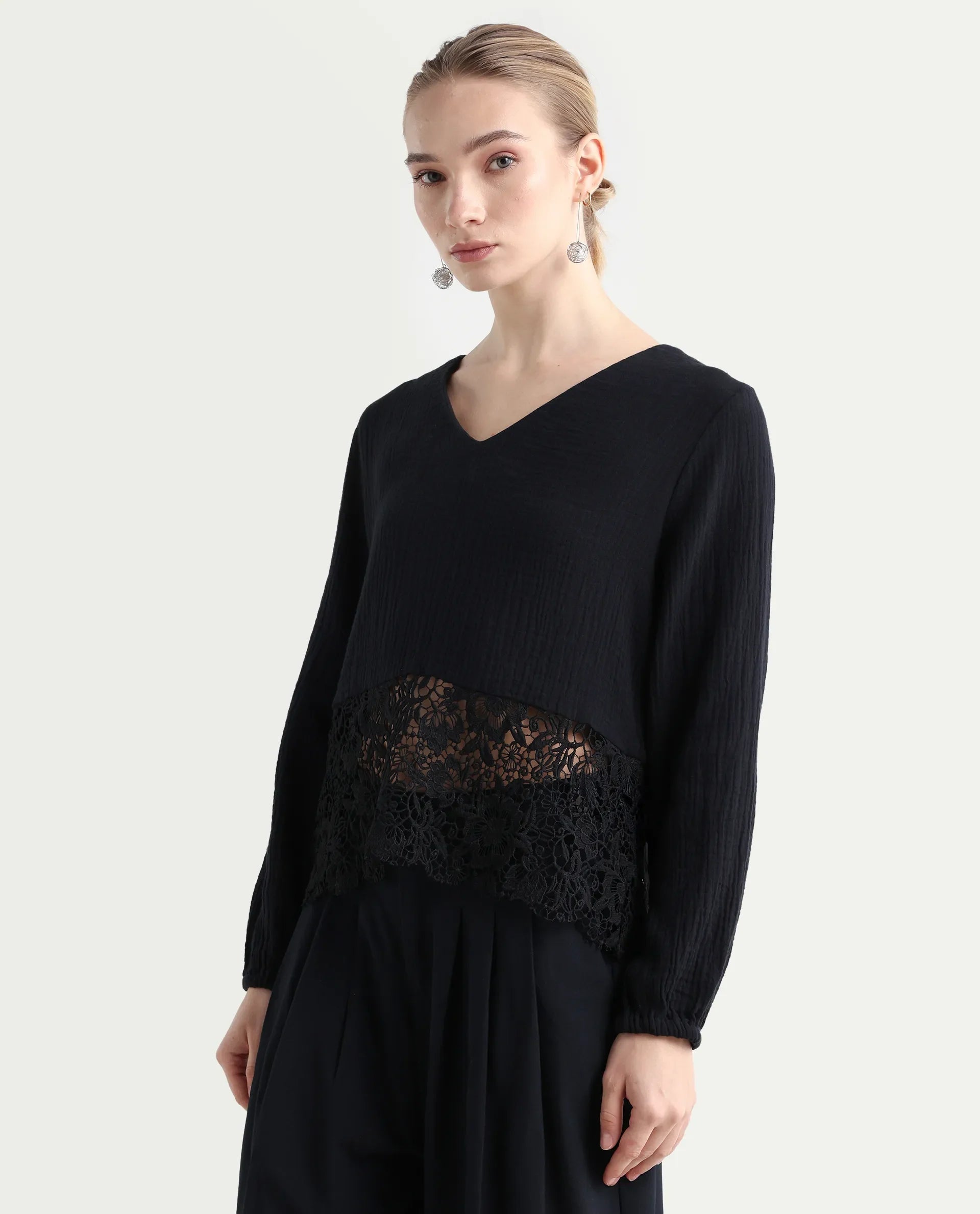 Rareism Women's Sinloa Black Cotton Blend V-Neck Plain Bishop Sleeve Regular Fit Top