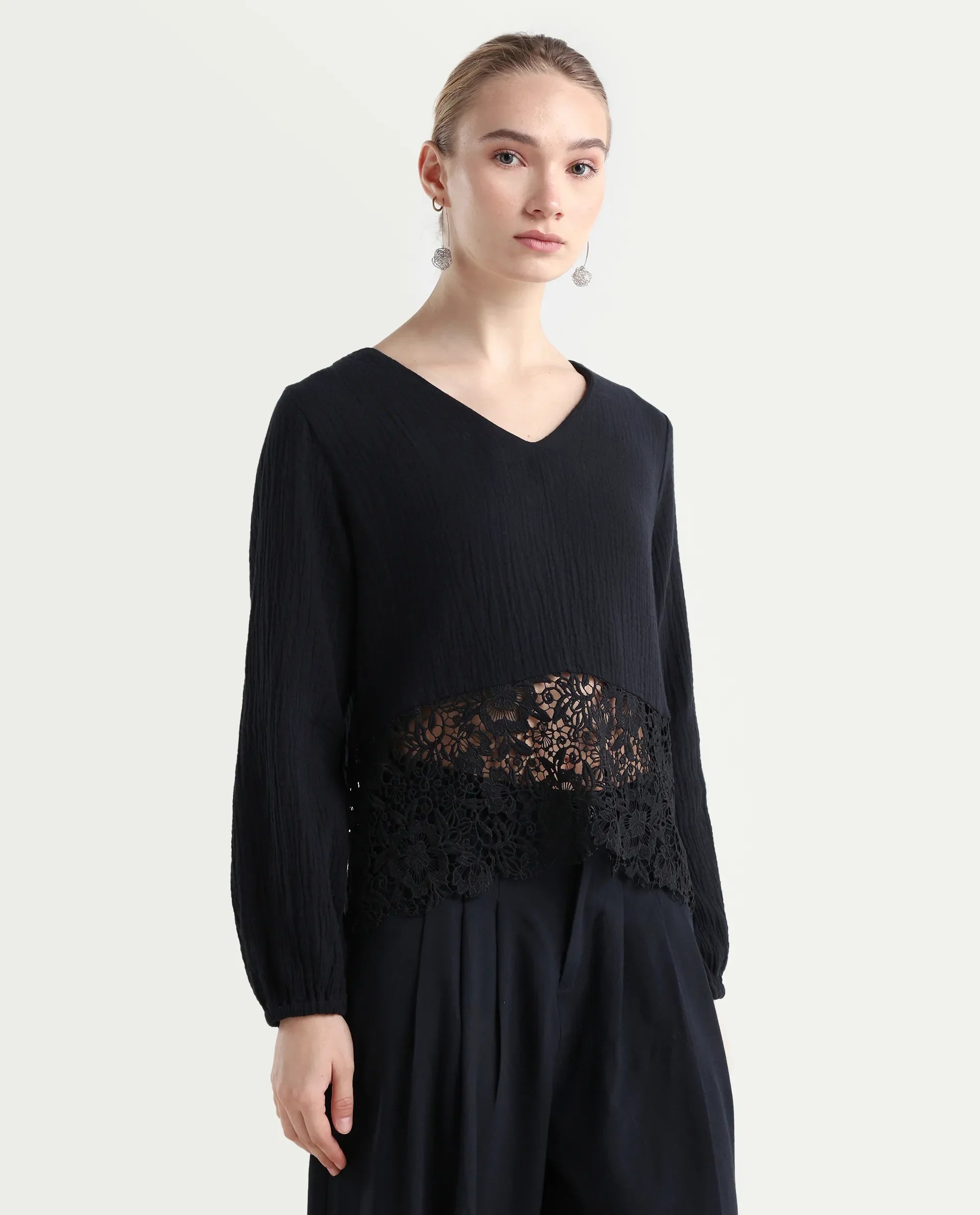 Rareism Women's Sinloa Black Cotton Blend V-Neck Plain Bishop Sleeve Regular Fit Top