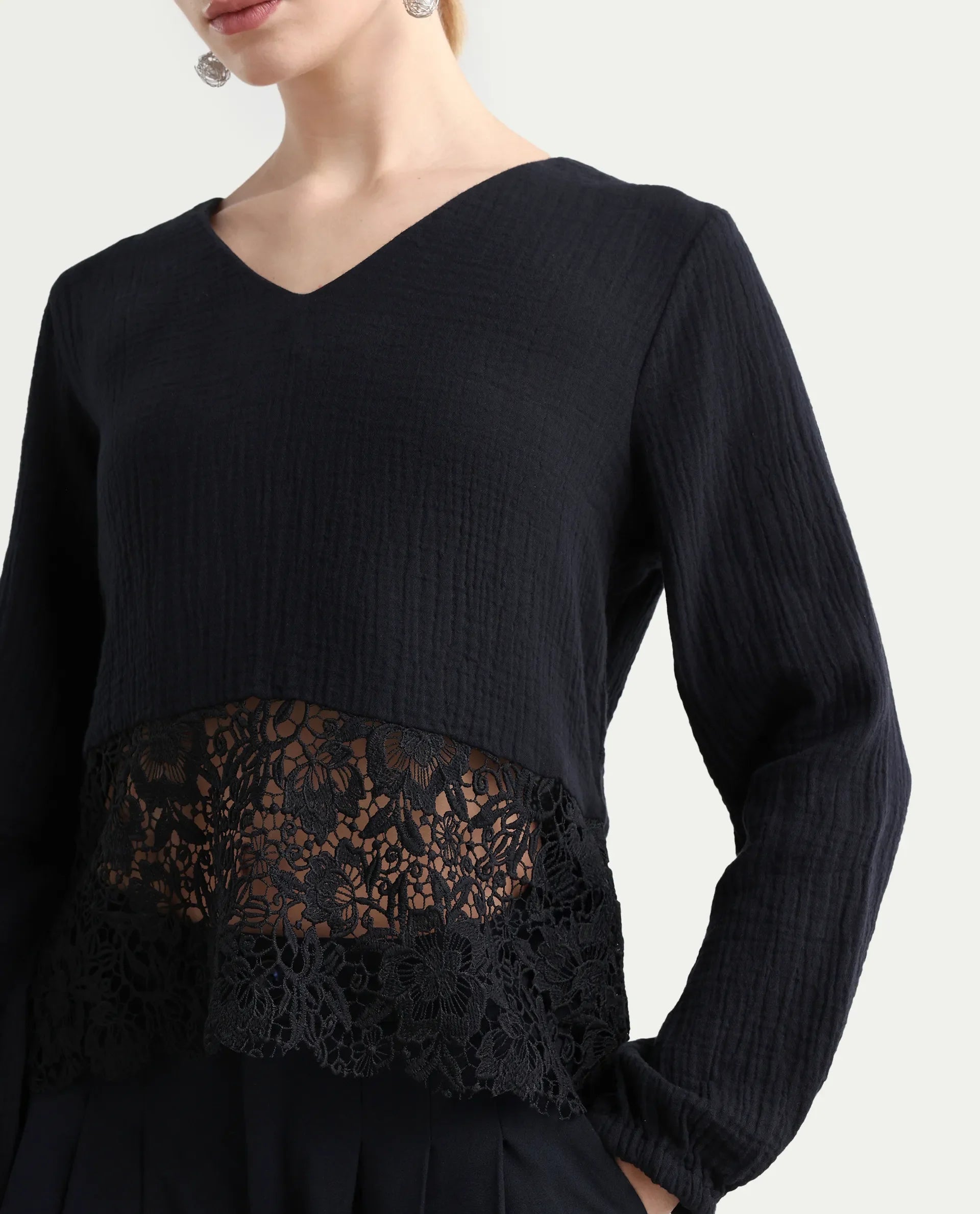 Rareism Women's Sinloa Black Cotton Blend V-Neck Plain Bishop Sleeve Regular Fit Top