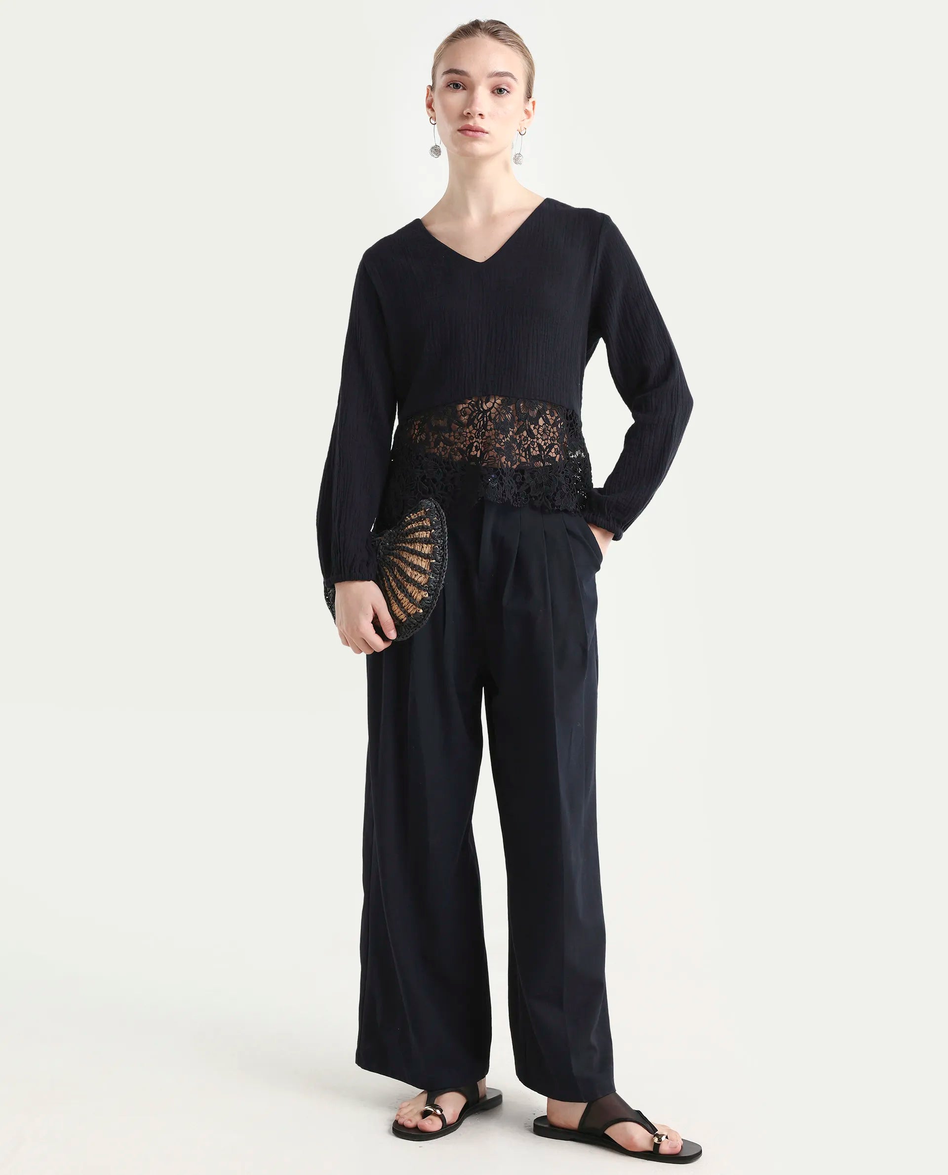 Rareism Women's Sinloa Black Cotton Blend V-Neck Plain Bishop Sleeve Regular Fit Top