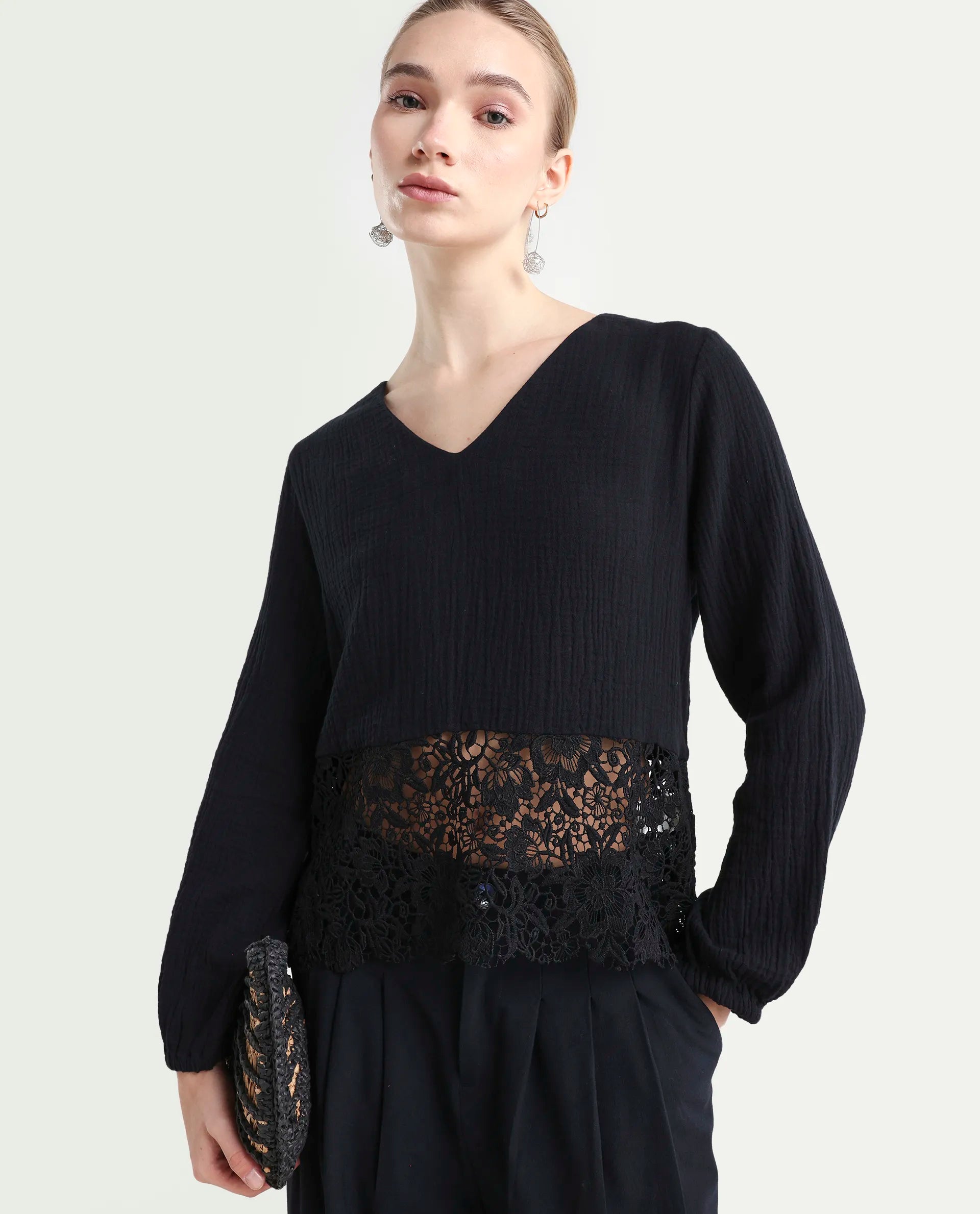 Rareism Women's Sinloa Black Cotton Blend V-Neck Plain Bishop Sleeve Regular Fit Top