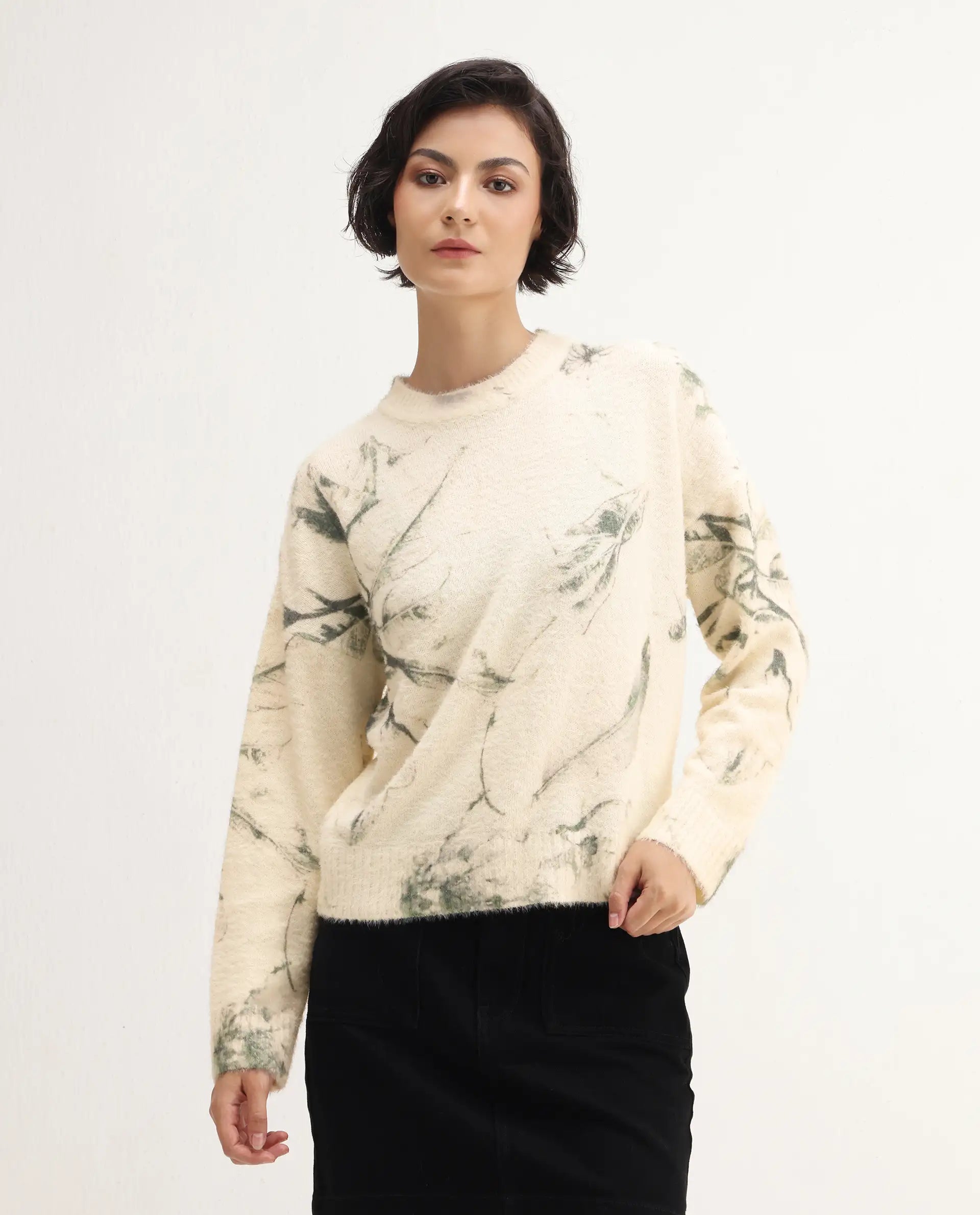 Rareism Women's Siriam Light Multi Acrylic Blend Crew Neck Relaxed Fit Sweater