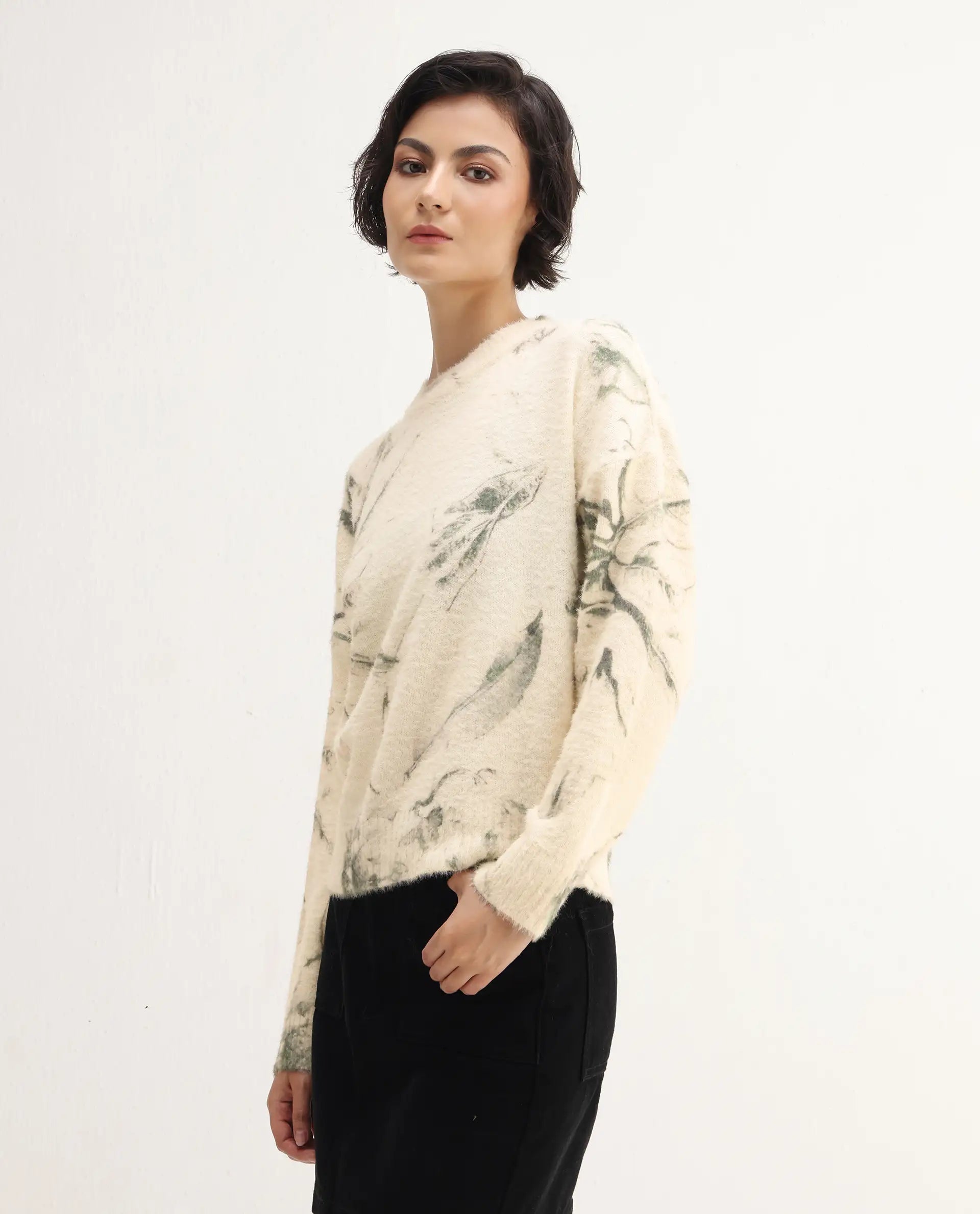 Rareism Women's Siriam Light Multi Acrylic Blend Crew Neck Relaxed Fit Sweater