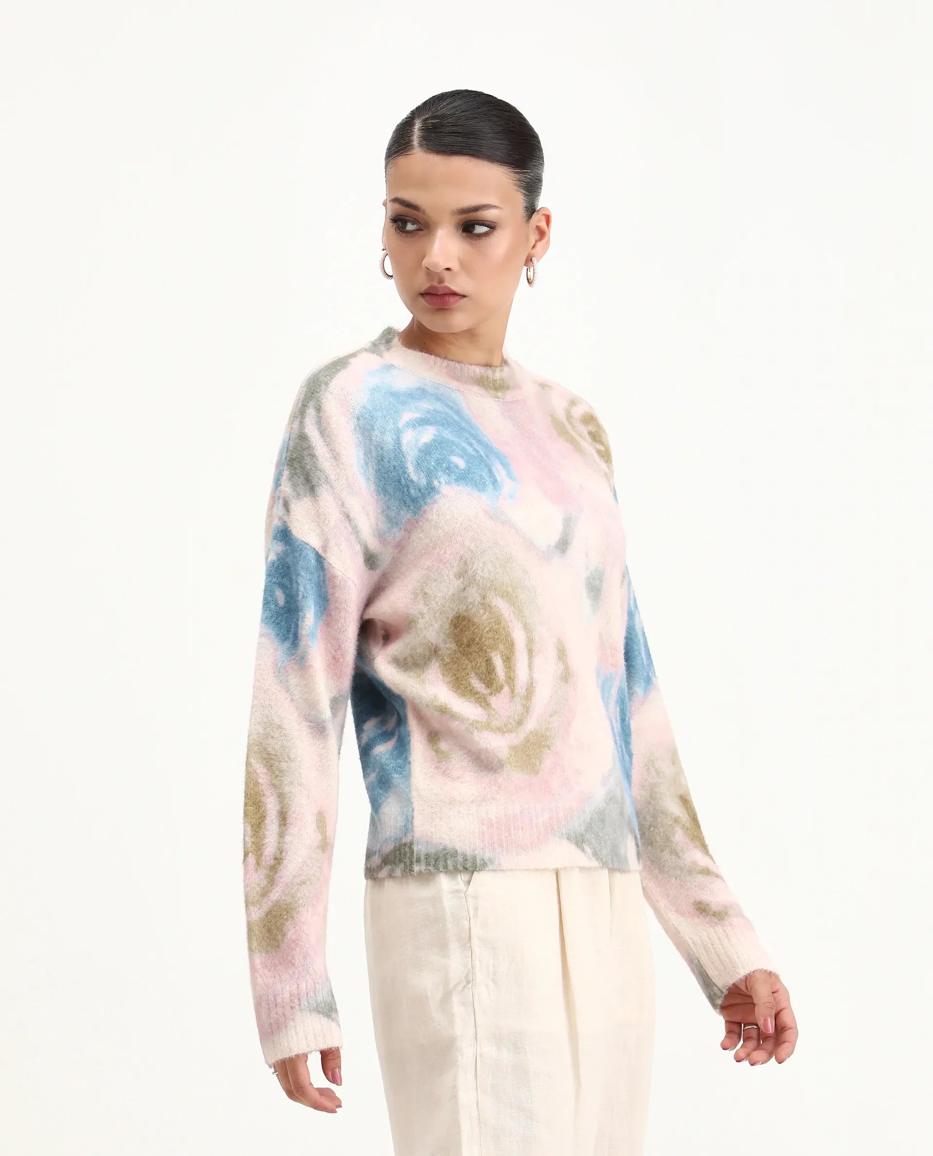 Rareism Women's Siril Dusky Multi Acrylic Blend Crew Neck Relaxed Fit Sweater