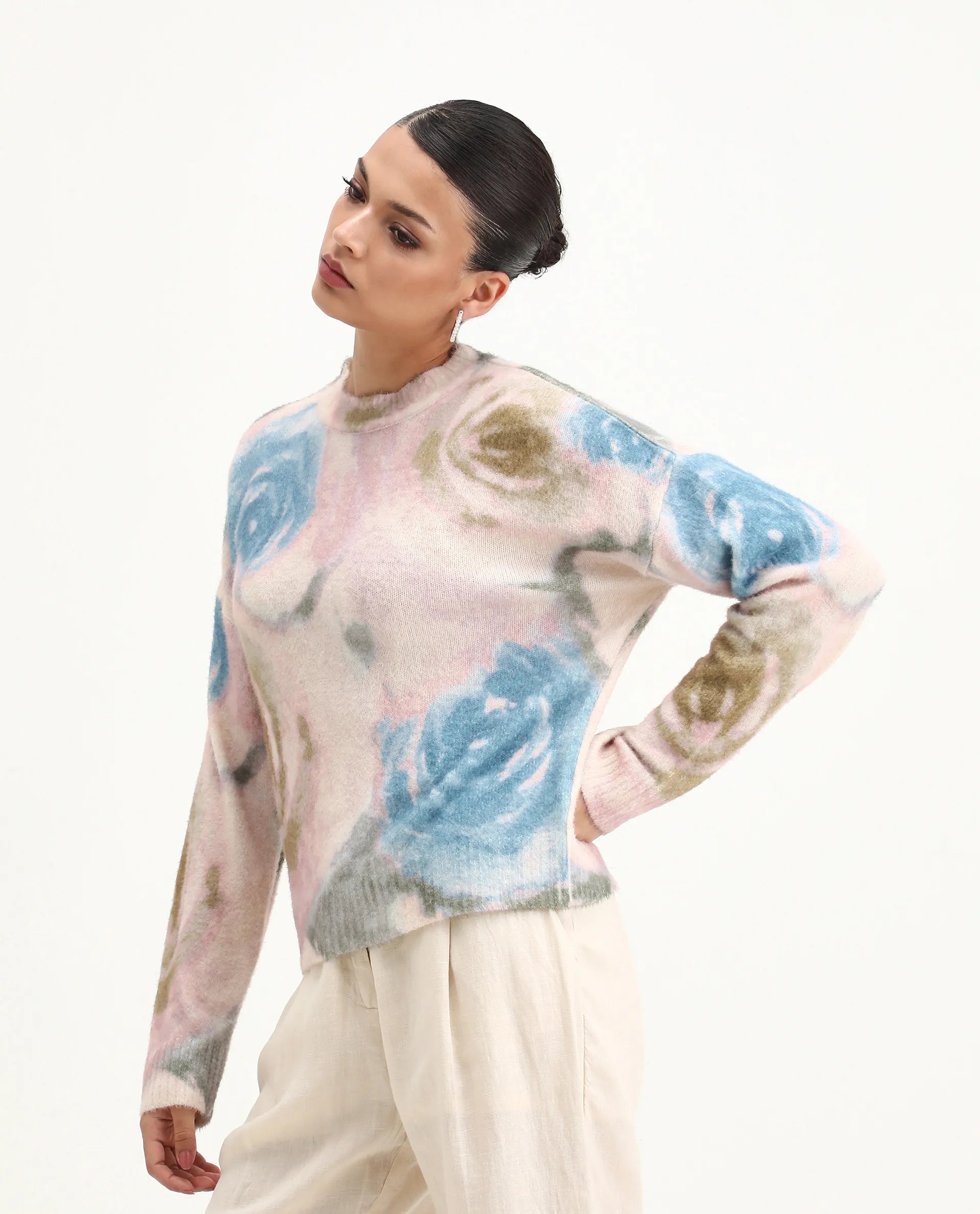 Rareism Women's Siril Dusky Multi Acrylic Blend Crew Neck Relaxed Fit Sweater