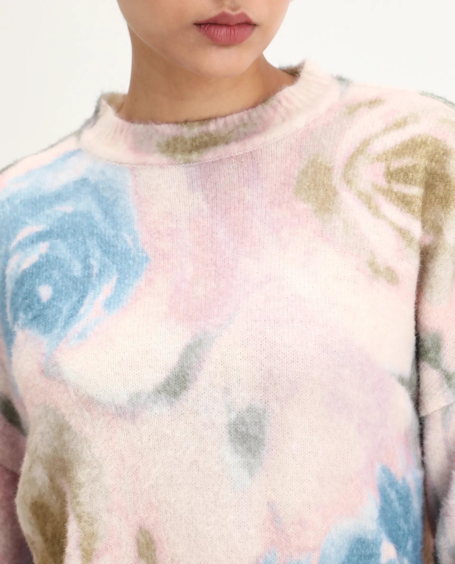 Rareism Women's Siril Dusky Multi Acrylic Blend Crew Neck Relaxed Fit Sweater