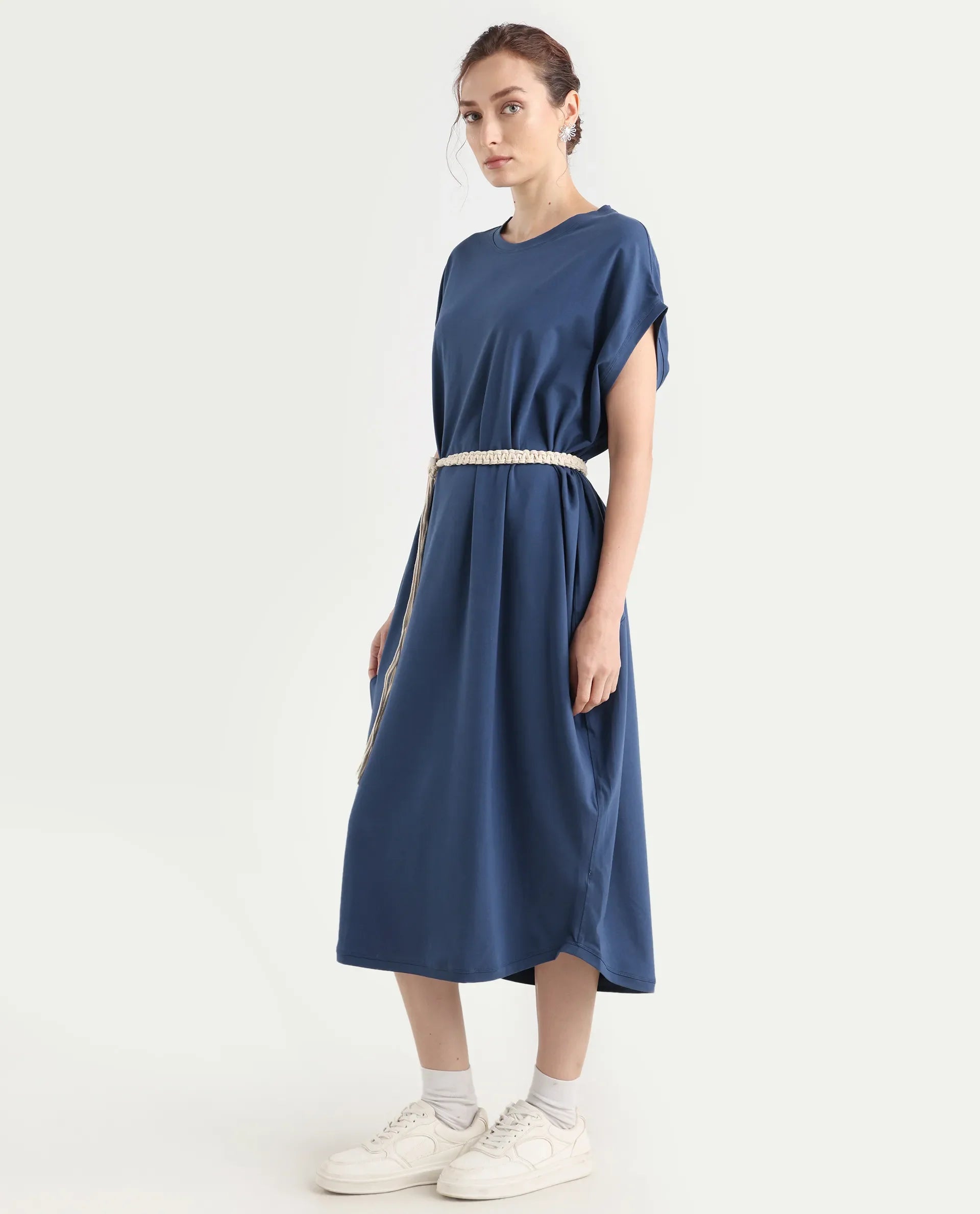 Rareism Women's Siriyo Dark Blue Cotton Crew Neck Plain Extended Sleeves Maxi Relaxed Fit Dress