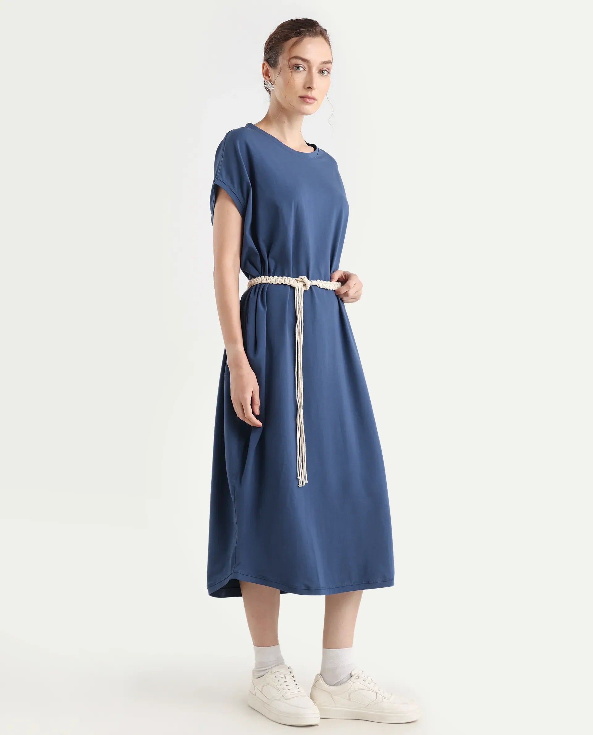 Rareism Women's Siriyo Dark Blue Cotton Crew Neck Plain Extended Sleeves Maxi Relaxed Fit Dress