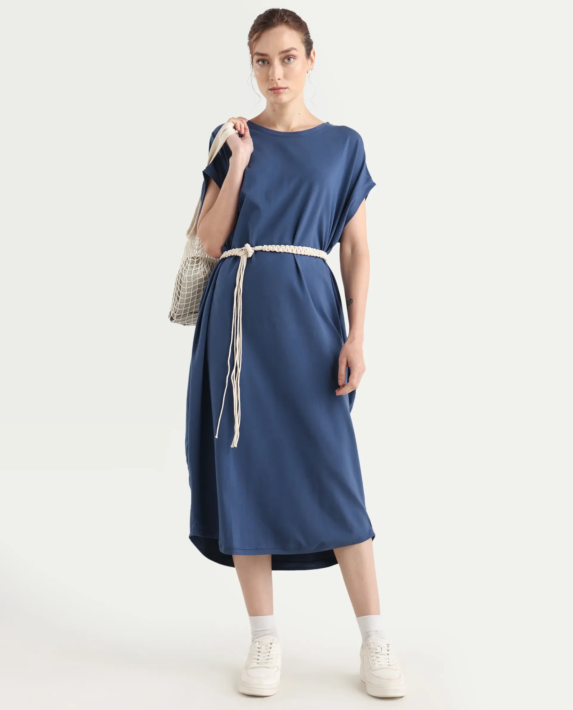 Rareism Women's Siriyo Dark Blue Cotton Crew Neck Plain Extended Sleeves Maxi Relaxed Fit Dress