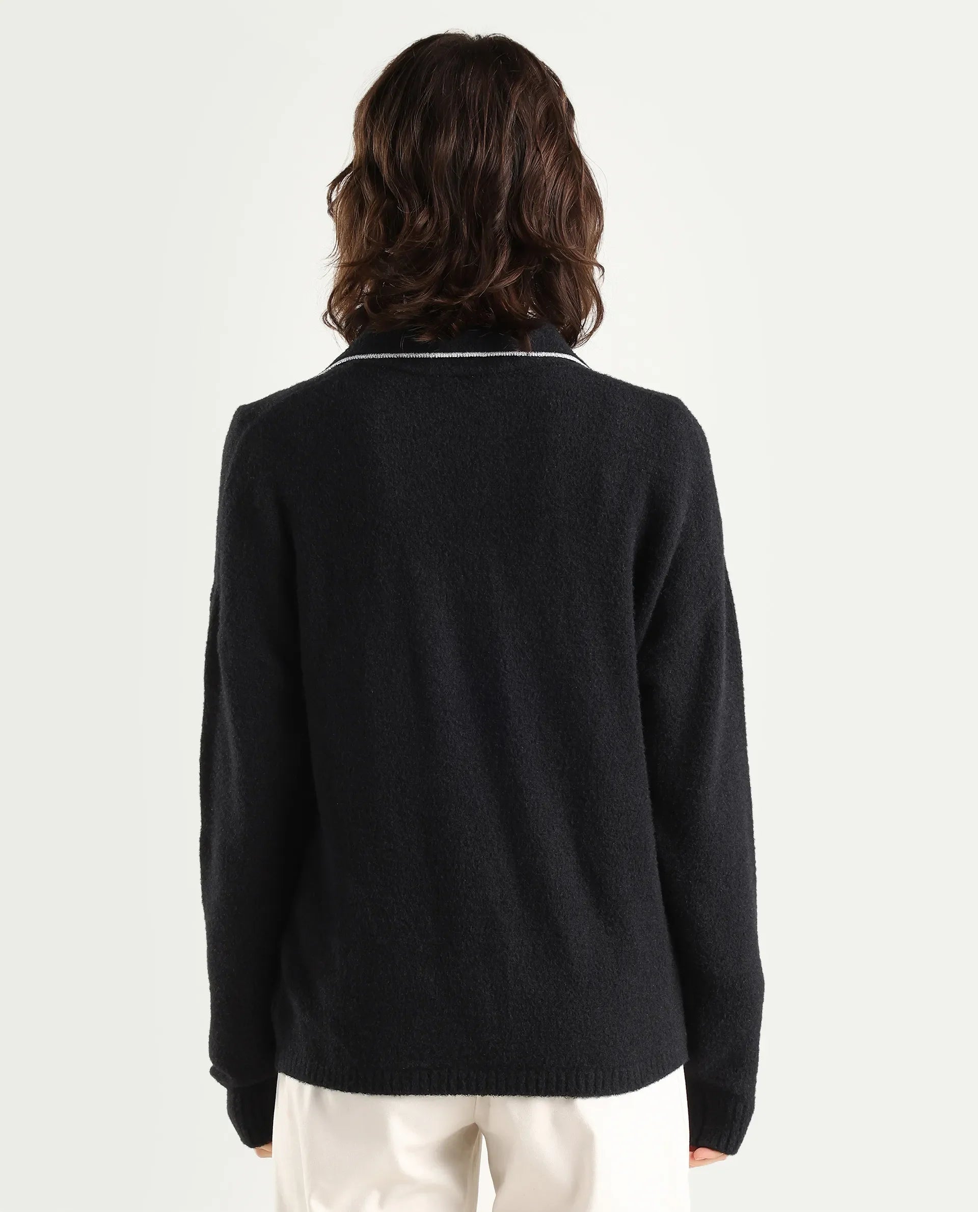 Rareism Women's Sirnako Black Acrylic Spread Collar Relaxed Fit Plain Sweater