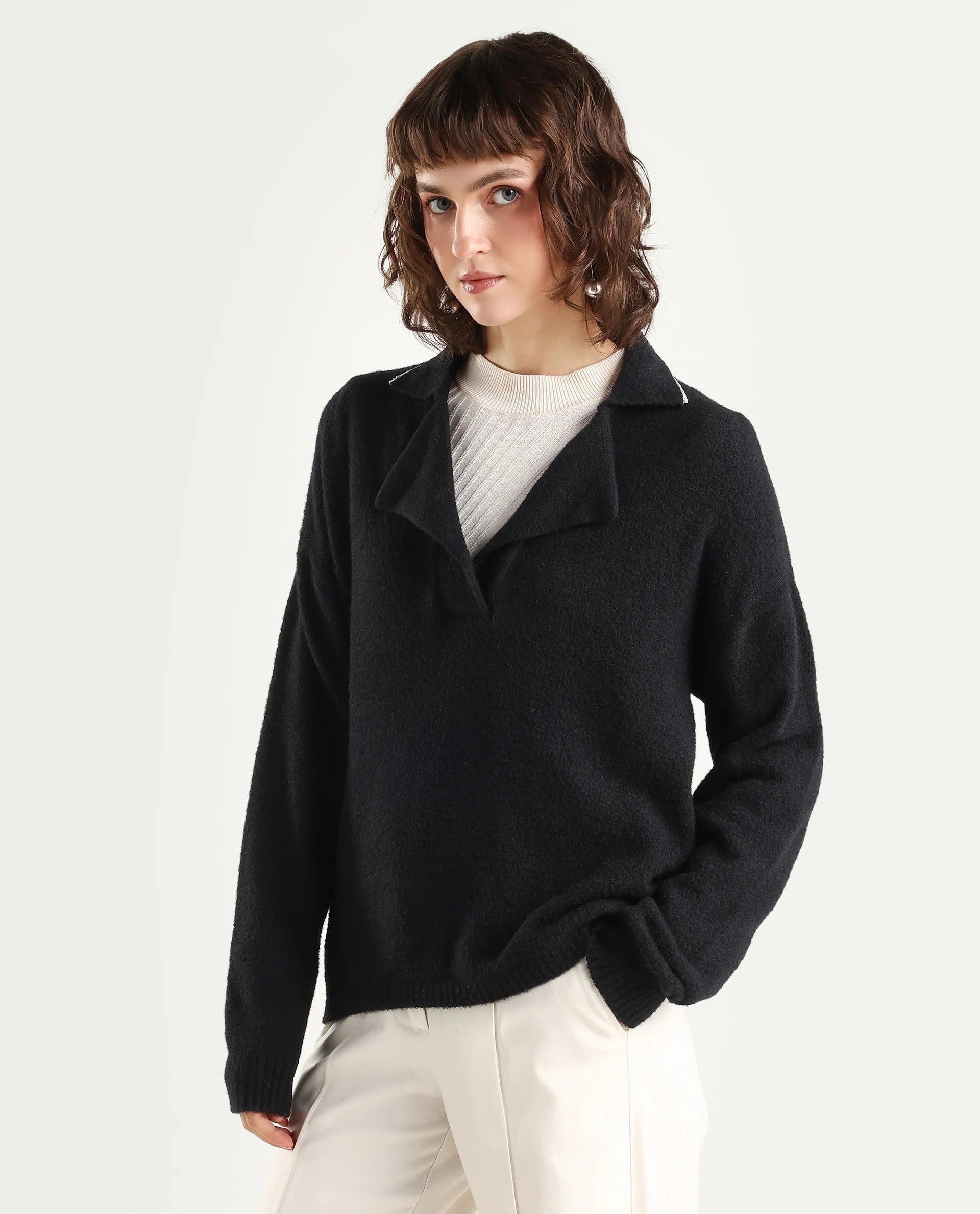 Rareism Women's Sirnako Black Acrylic Spread Collar Relaxed Fit Plain Sweater