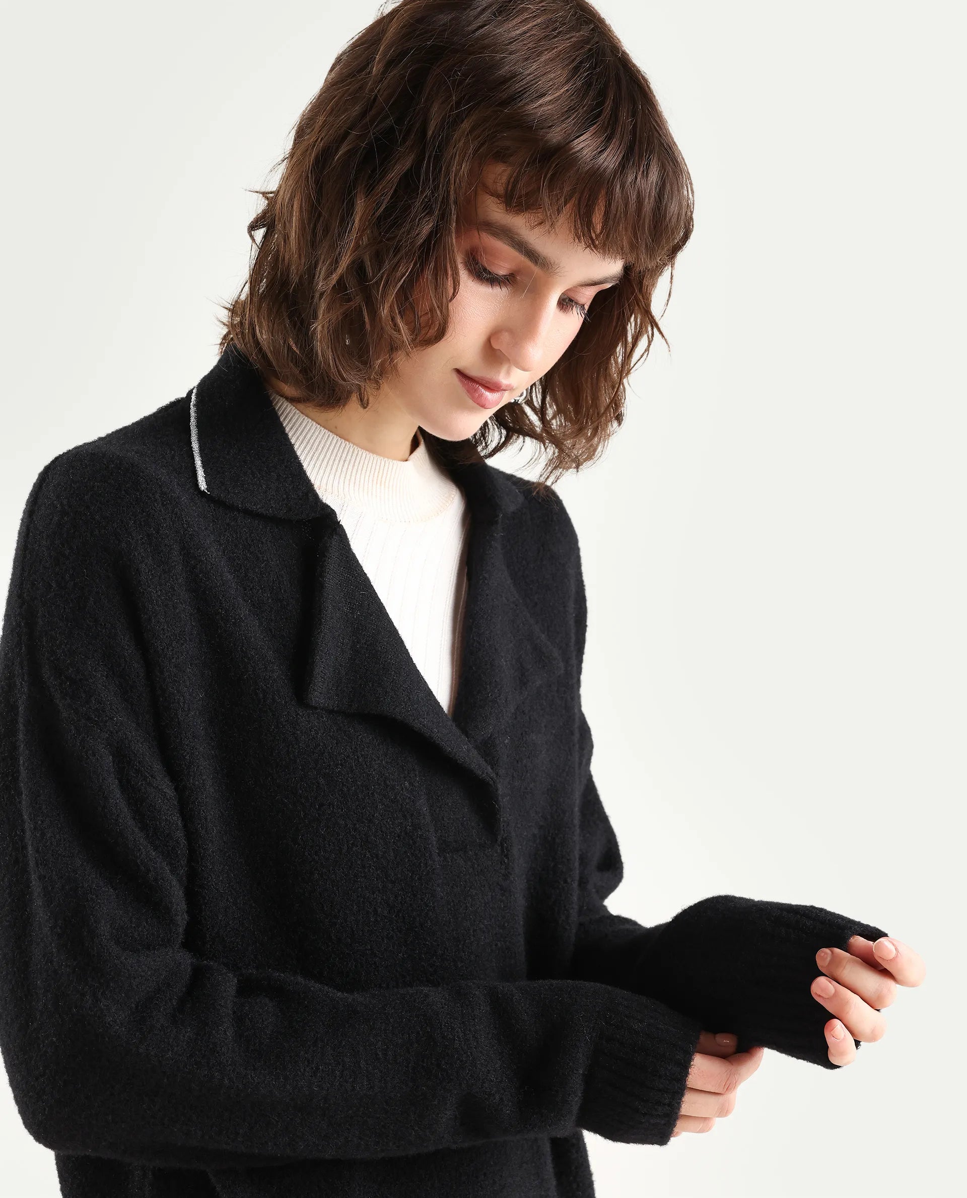 Rareism Women's Sirnako Black Acrylic Spread Collar Relaxed Fit Plain Sweater