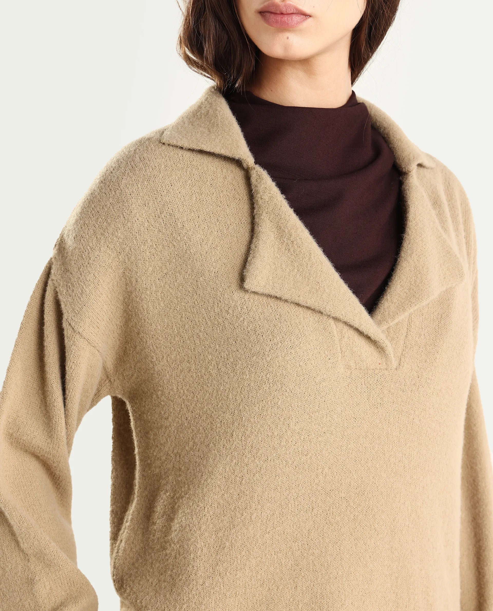 Rareism Women's Sirnako Light Beige Acrylic Spread Collar Relaxed Fit Plain Sweater