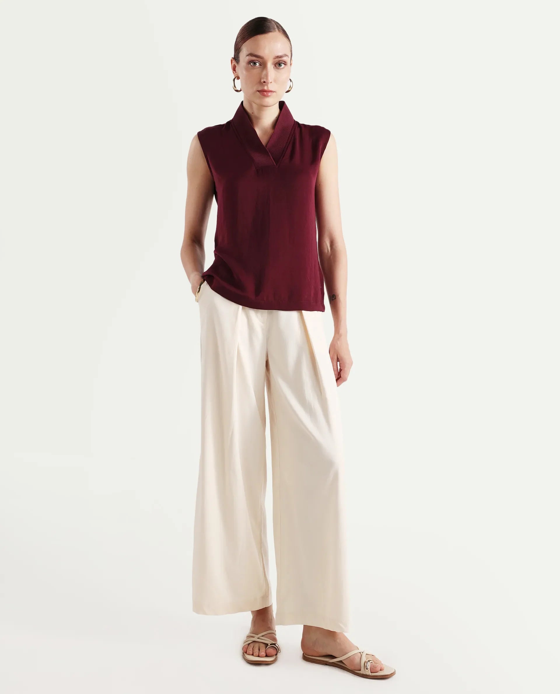 Rareism Women's Siyar Maroon Satin V-Neck Plain Sleeveless Regular Fit Top
