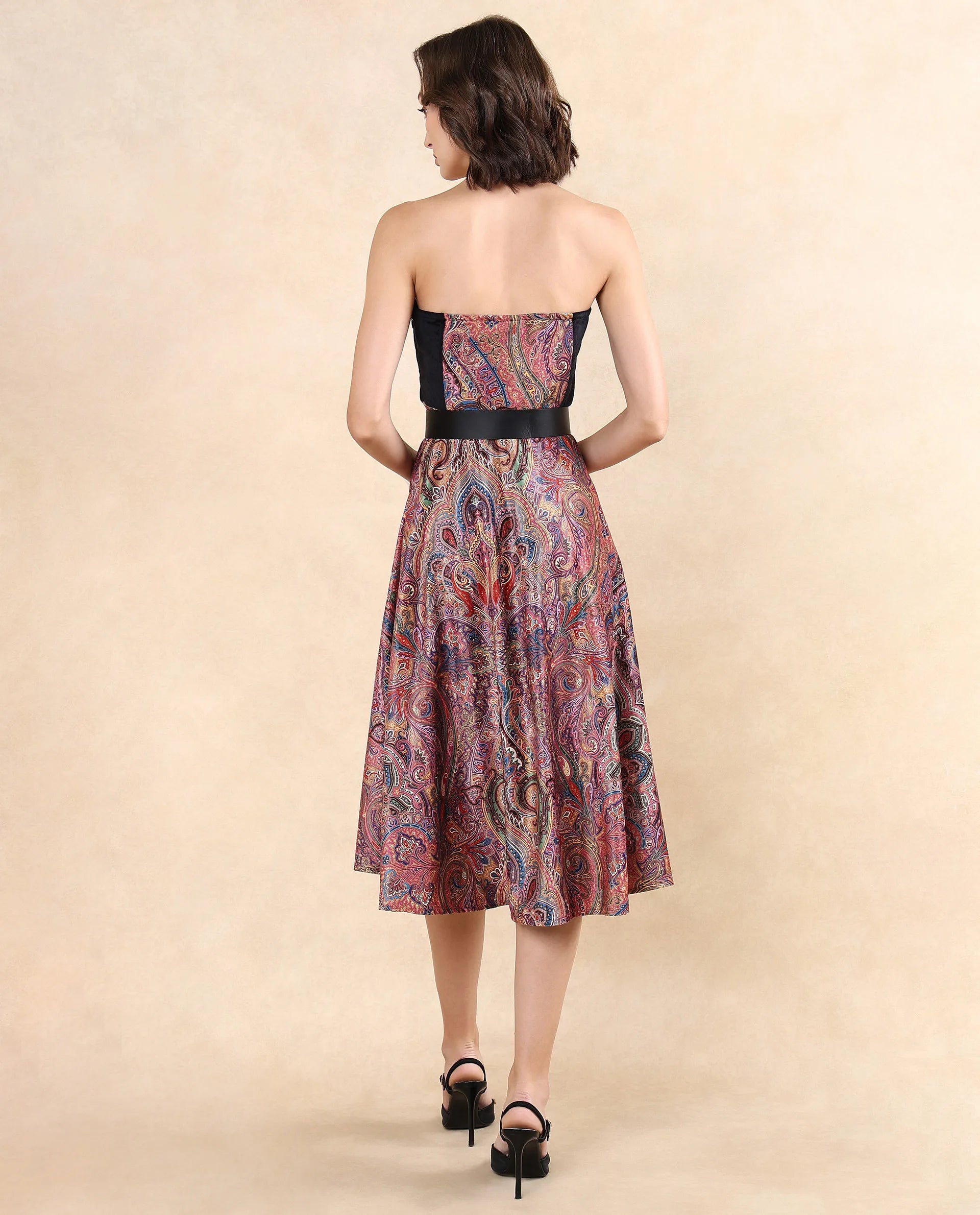 Rareism Women's Skegy Multi Velvet Tube Neck Paisley Print Sleeveless Midi Fit And Flare Dress