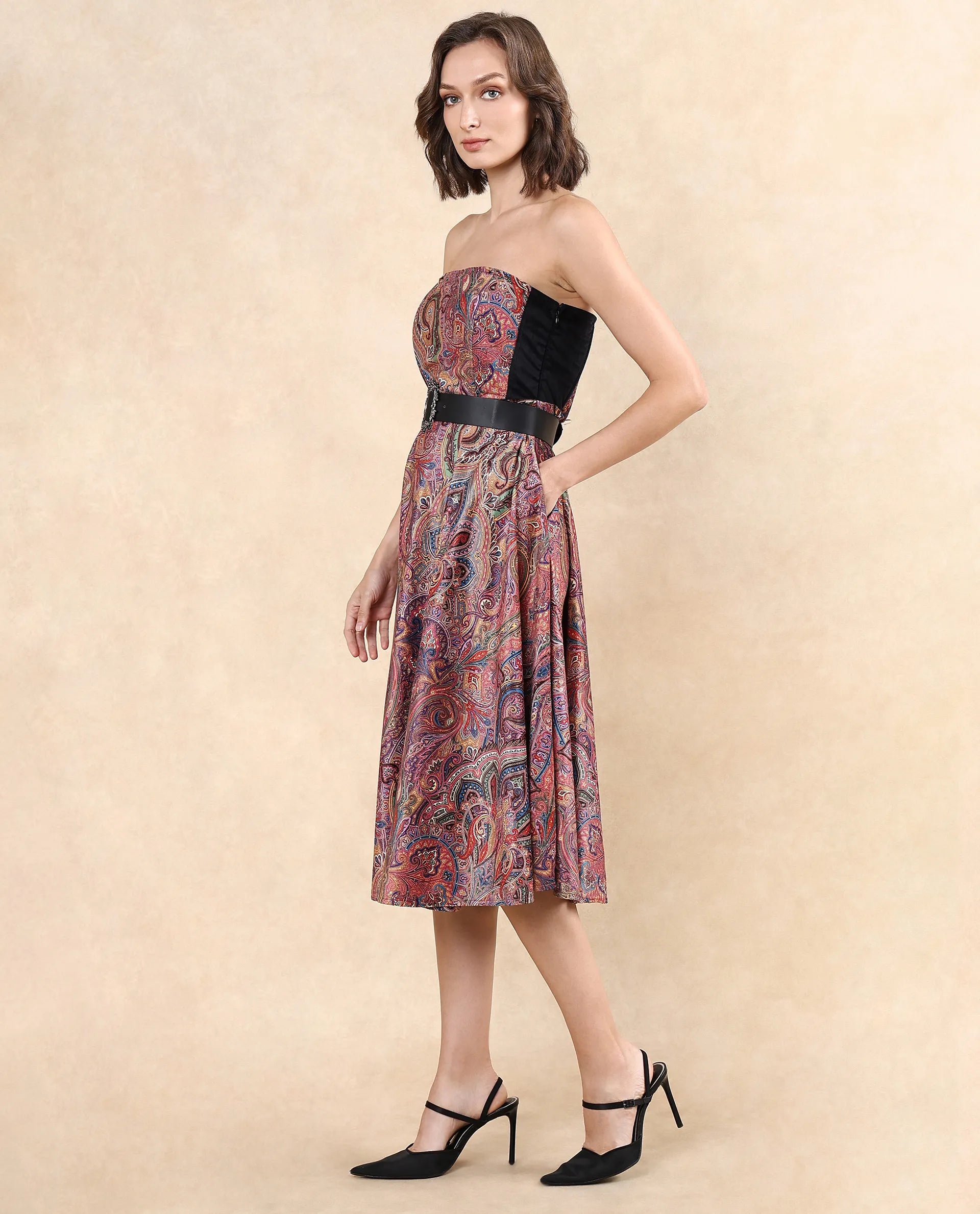Rareism Women's Skegy Multi Velvet Tube Neck Paisley Print Sleeveless Midi Fit And Flare Dress
