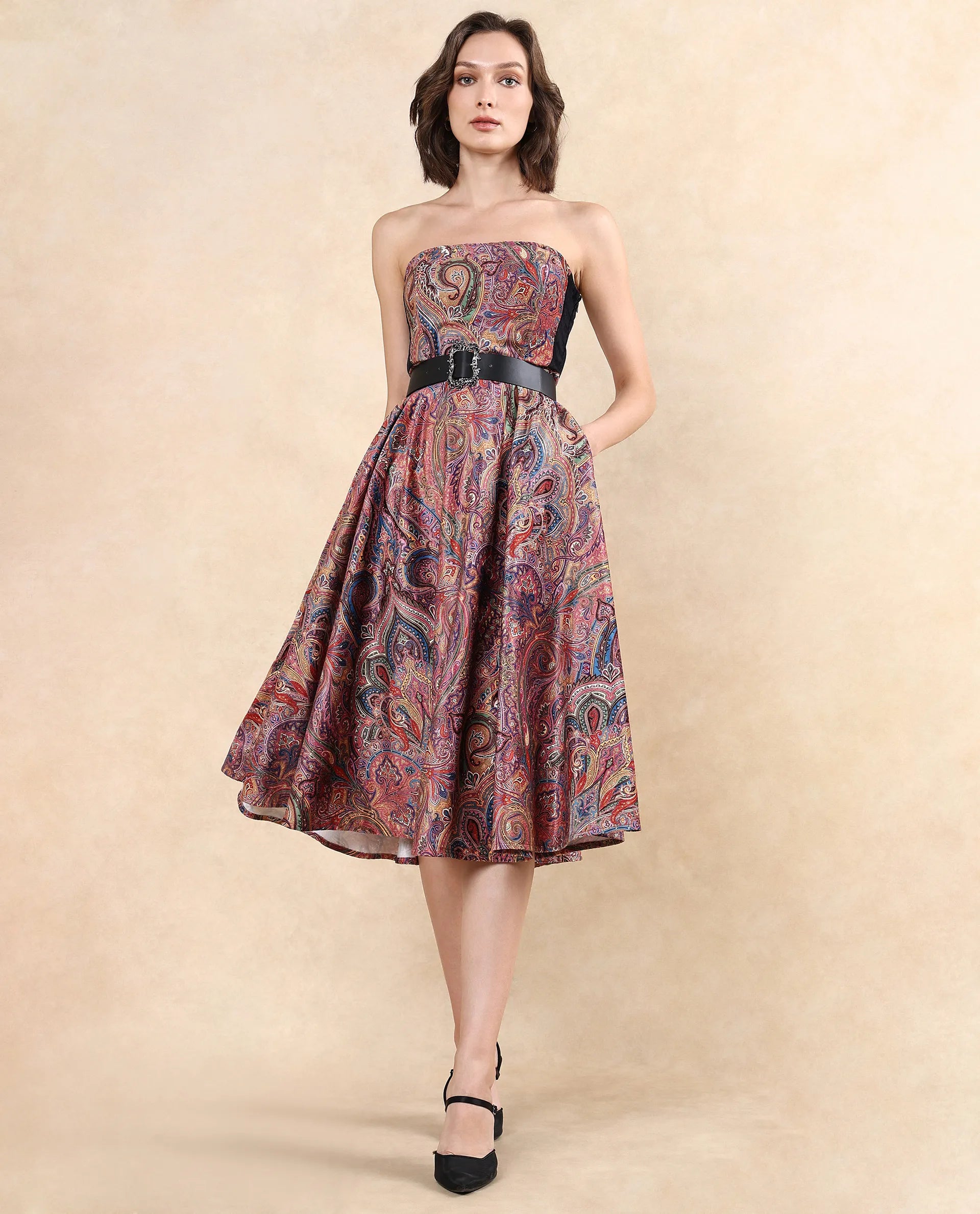 Rareism Women's Skegy Multi Velvet Tube Neck Paisley Print Sleeveless Midi Fit And Flare Dress