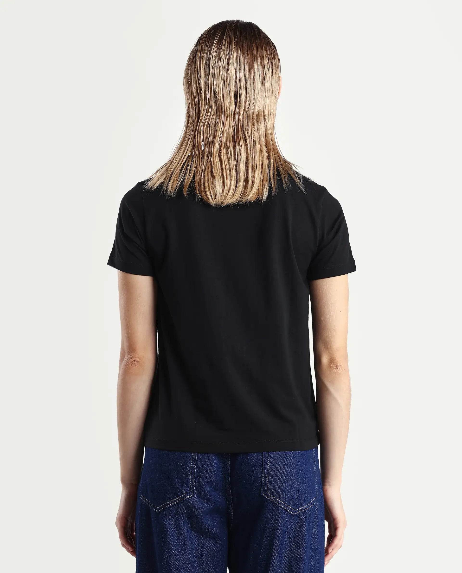 Rareism Women's Skia Black Cotton Blend Crew Neck Regular Fit T-Shirt