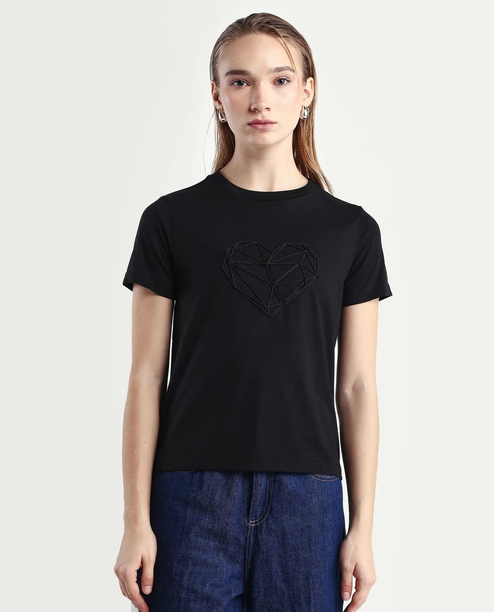 Rareism Women's Skia Black Cotton Blend Crew Neck Regular Fit T-Shirt