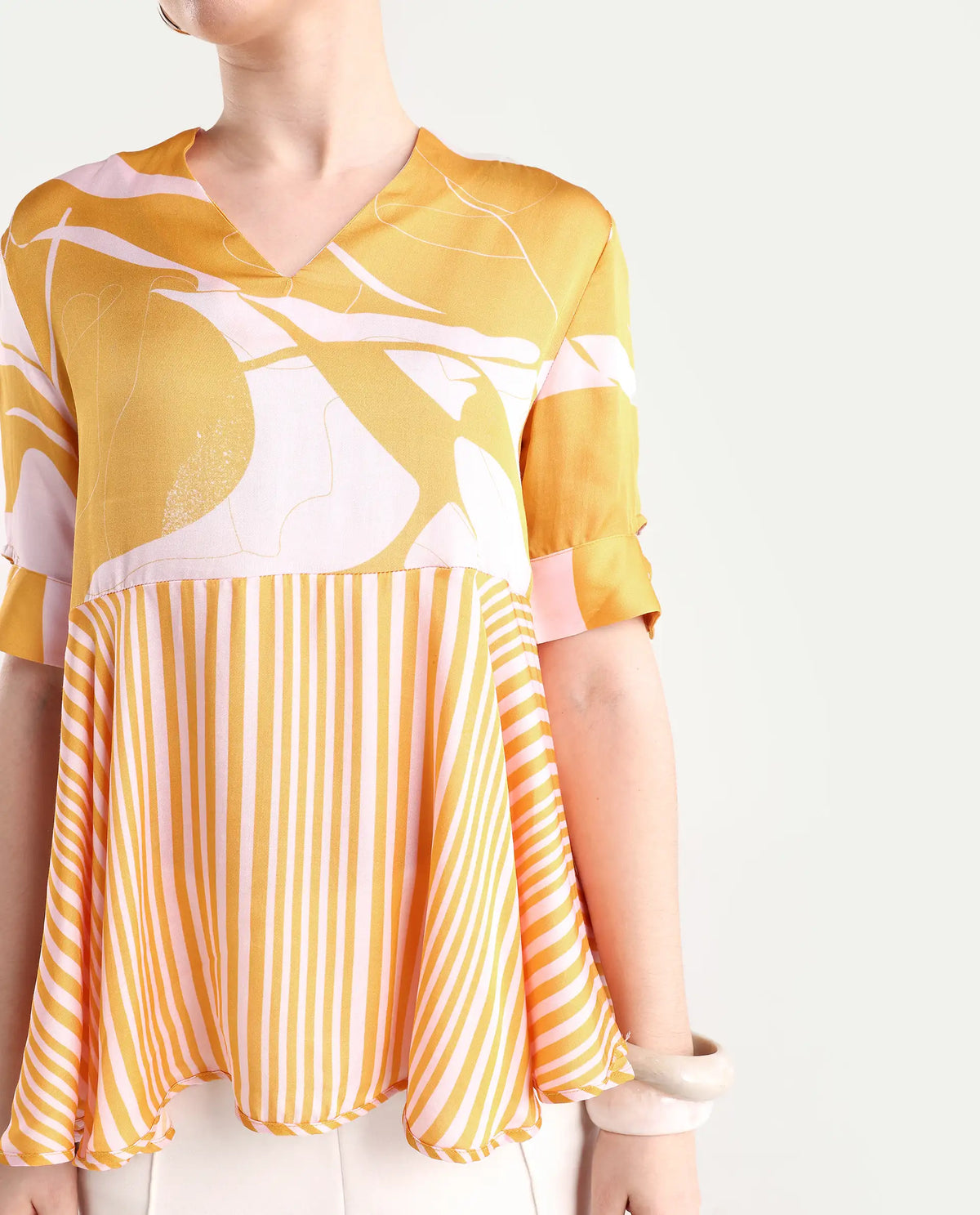 Rareism Women's Skimmia Mustard Modal V-Neck Abstract Print Regular Fit Top