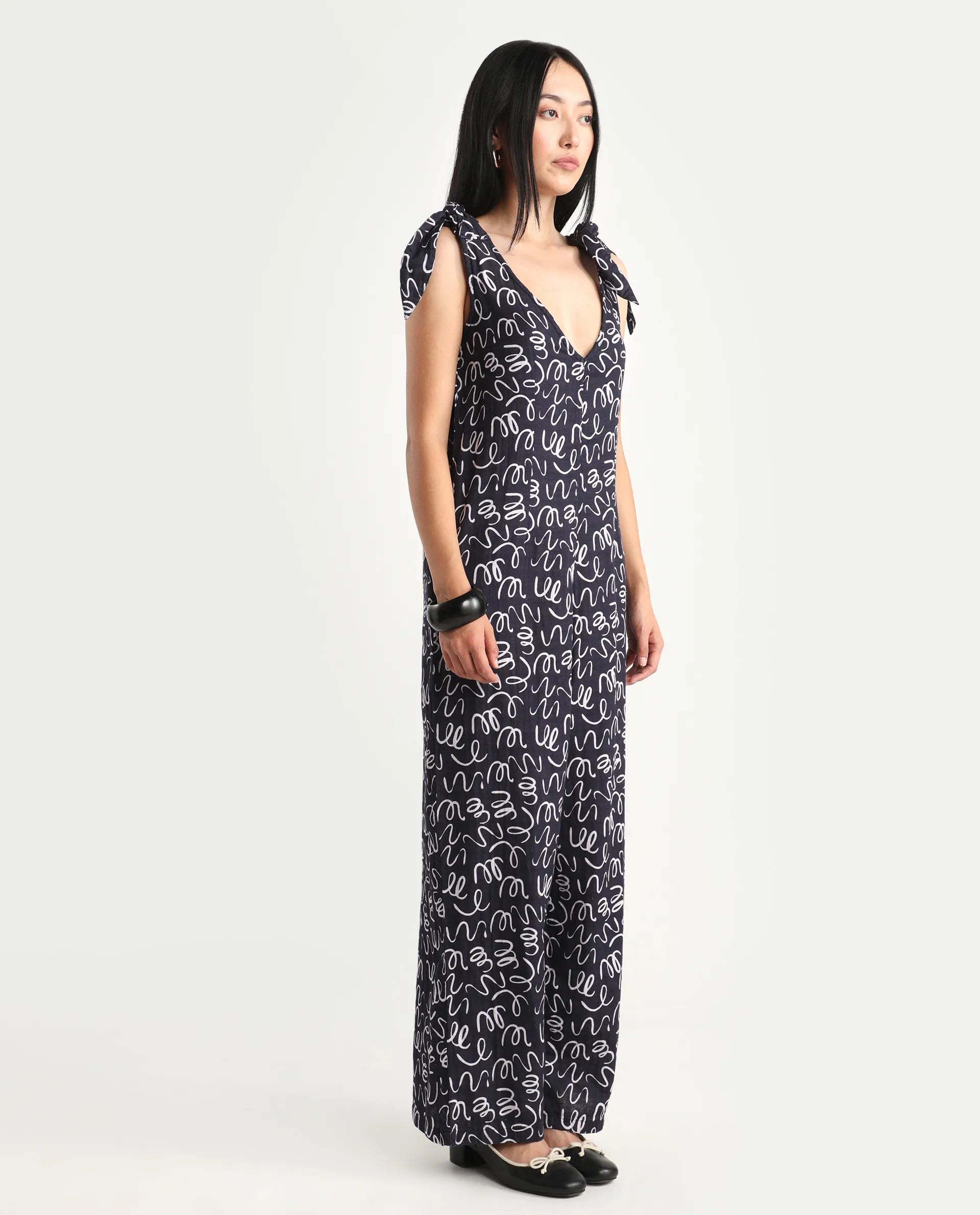 Rareism Women's Skoda Black Cotton V-Neck Abstract Print Shoulder Strap Ankle Length Tailored Jumpsuit