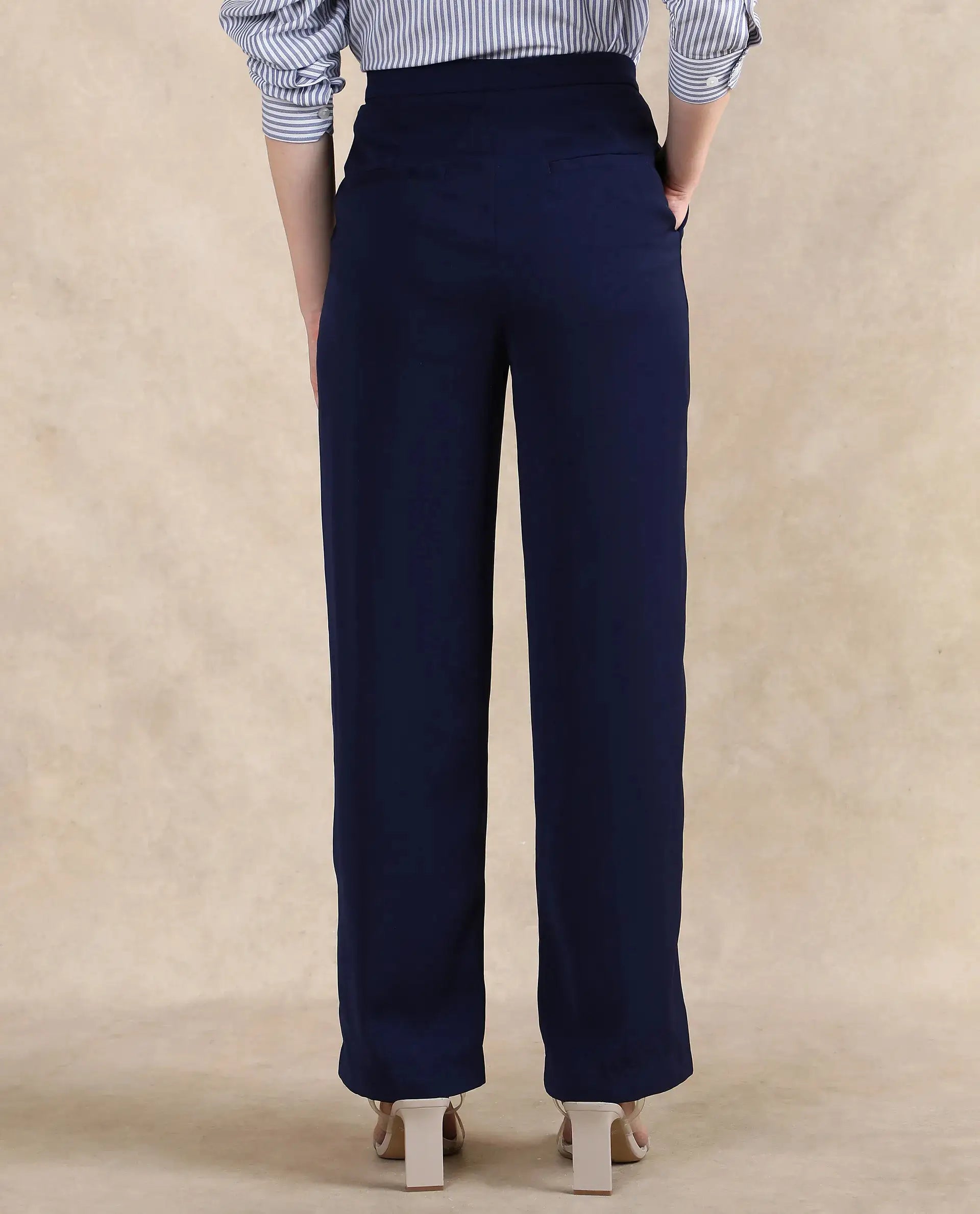 Rareism Women Skrein Navy Straight Fit Plain Trouser