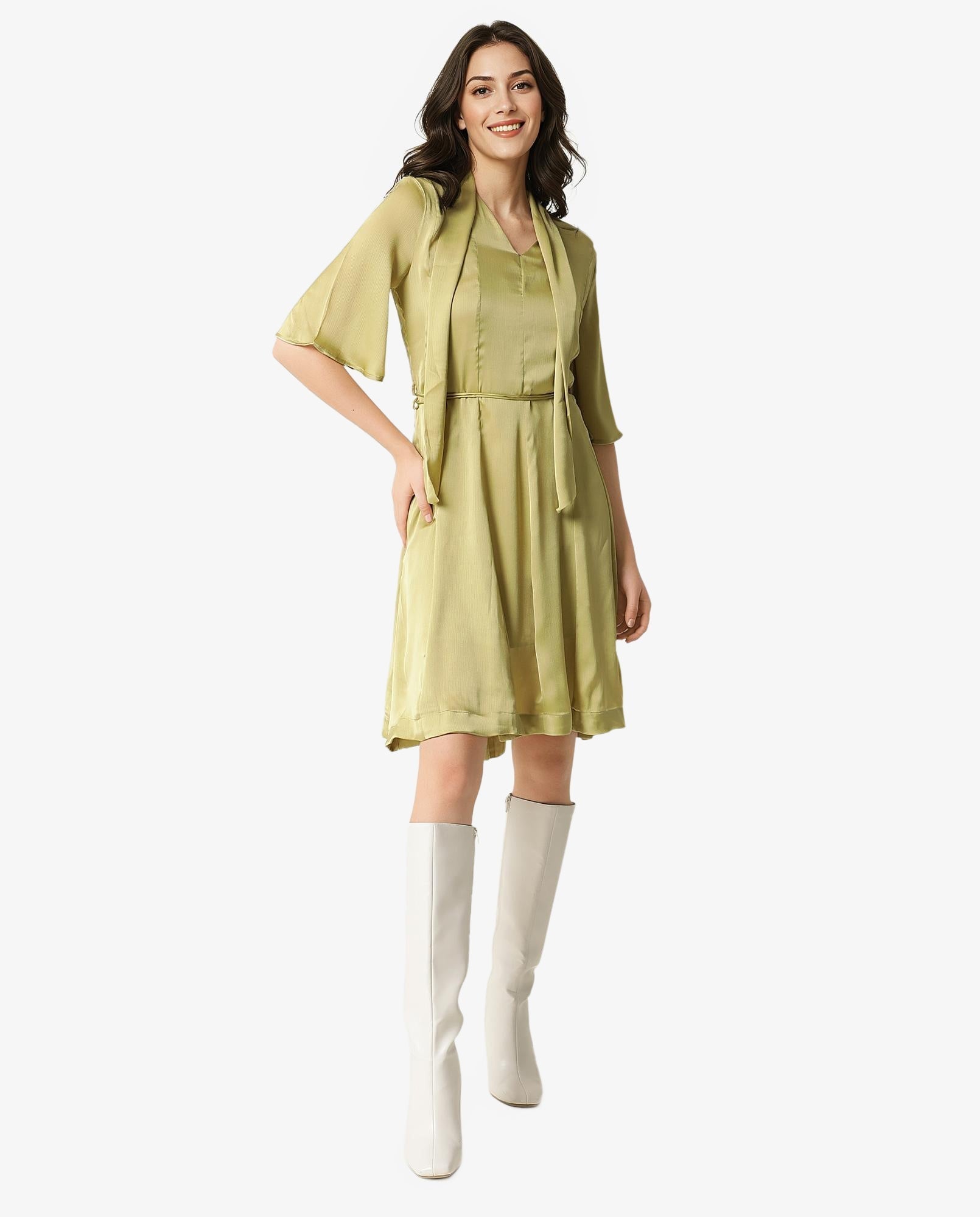 Rareism Women's Skrill Green V-Neck Plain Flared Sleeve Knee Length Regular Fit Dress