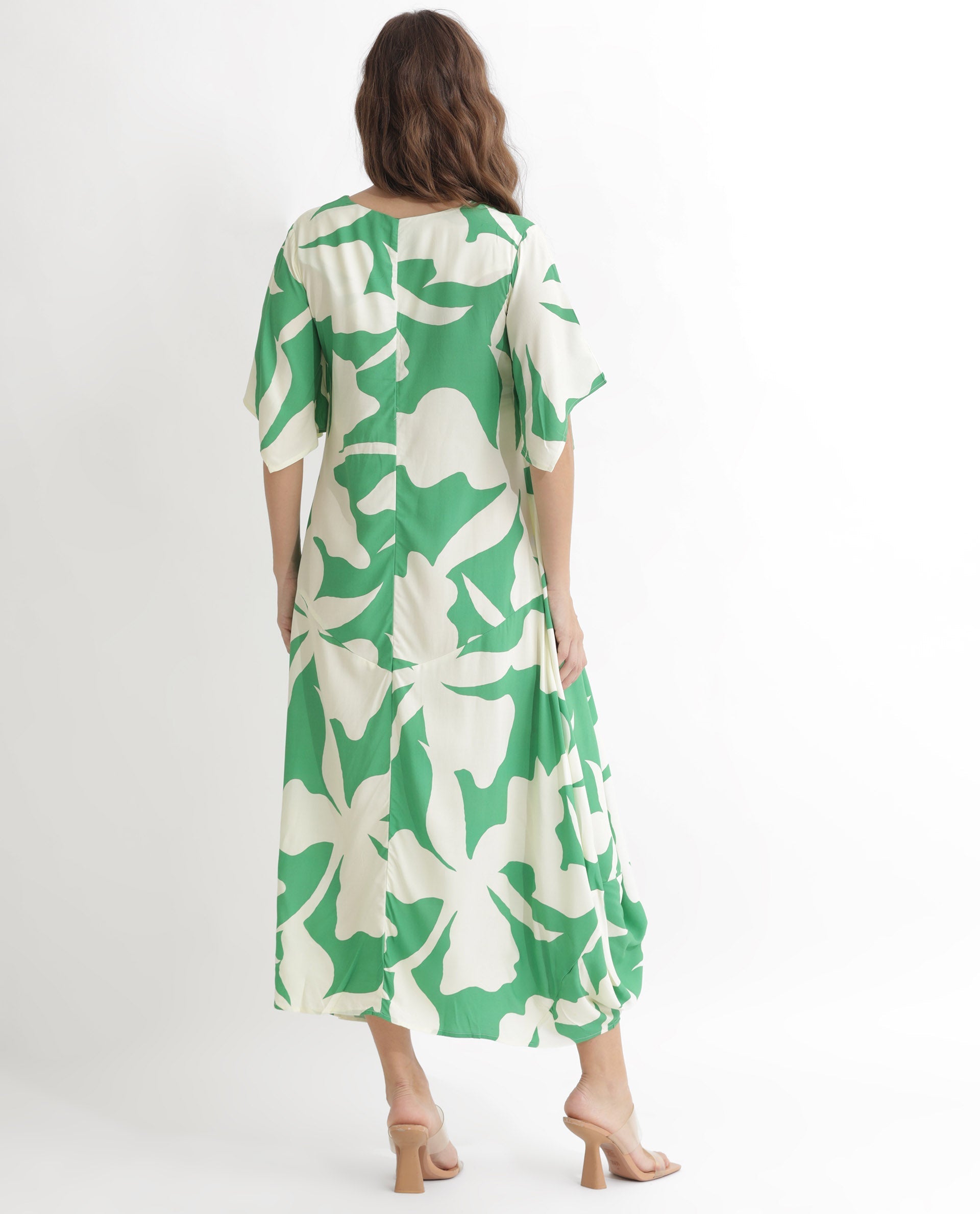 Rareism Women's Slager Green Viscose Key Hole Neck Floral Print Bell Sleeve Maxi Regular Fit Dress