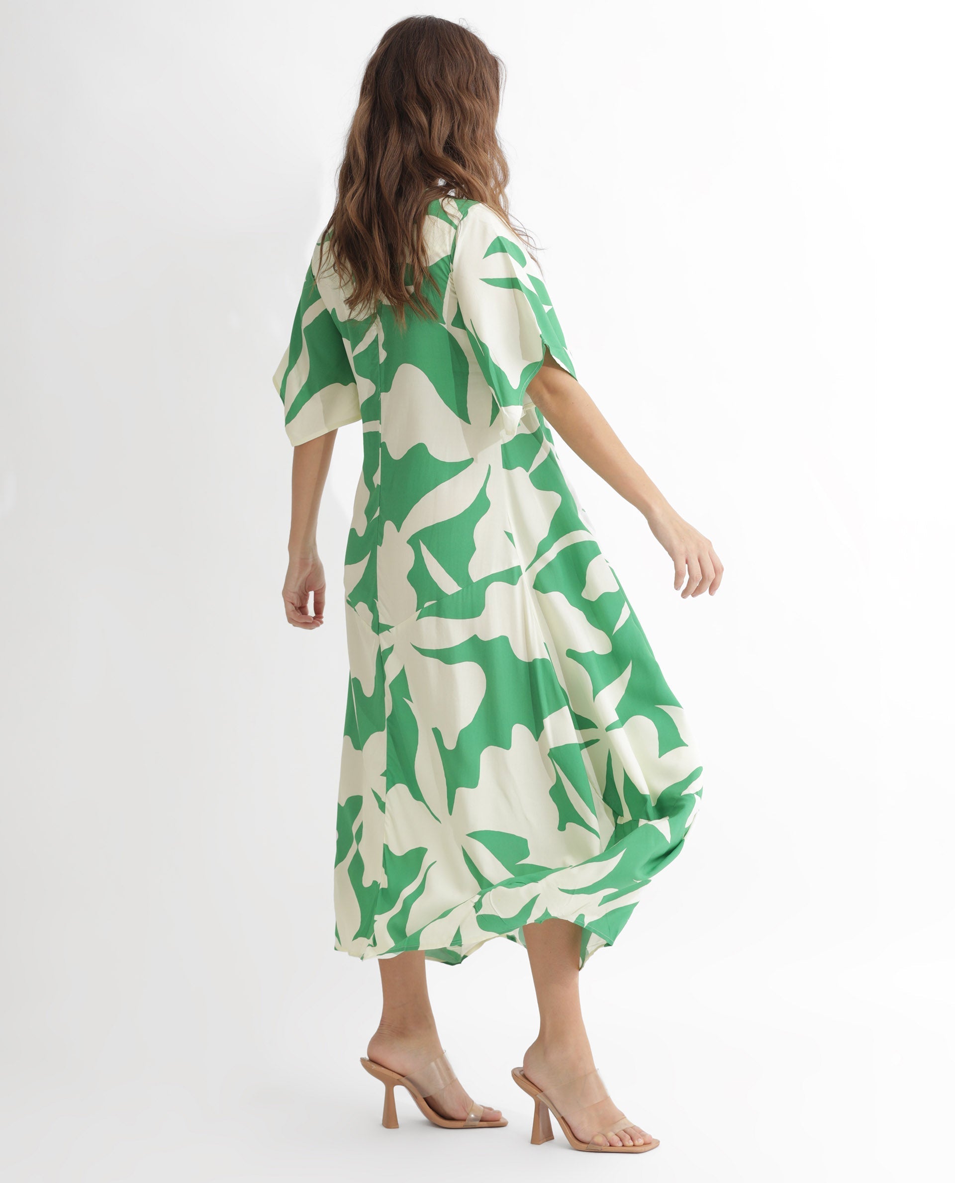 Rareism Women's Slager Green Viscose Key Hole Neck Floral Print Bell Sleeve Maxi Regular Fit Dress