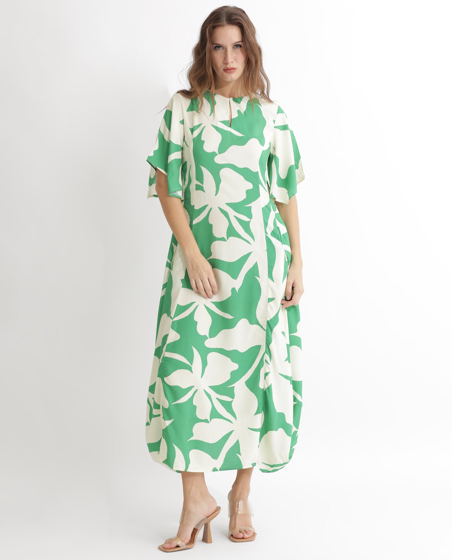 Rareism Women's Slager Green Viscose Key Hole Neck Floral Print Bell Sleeve Maxi Regular Fit Dress