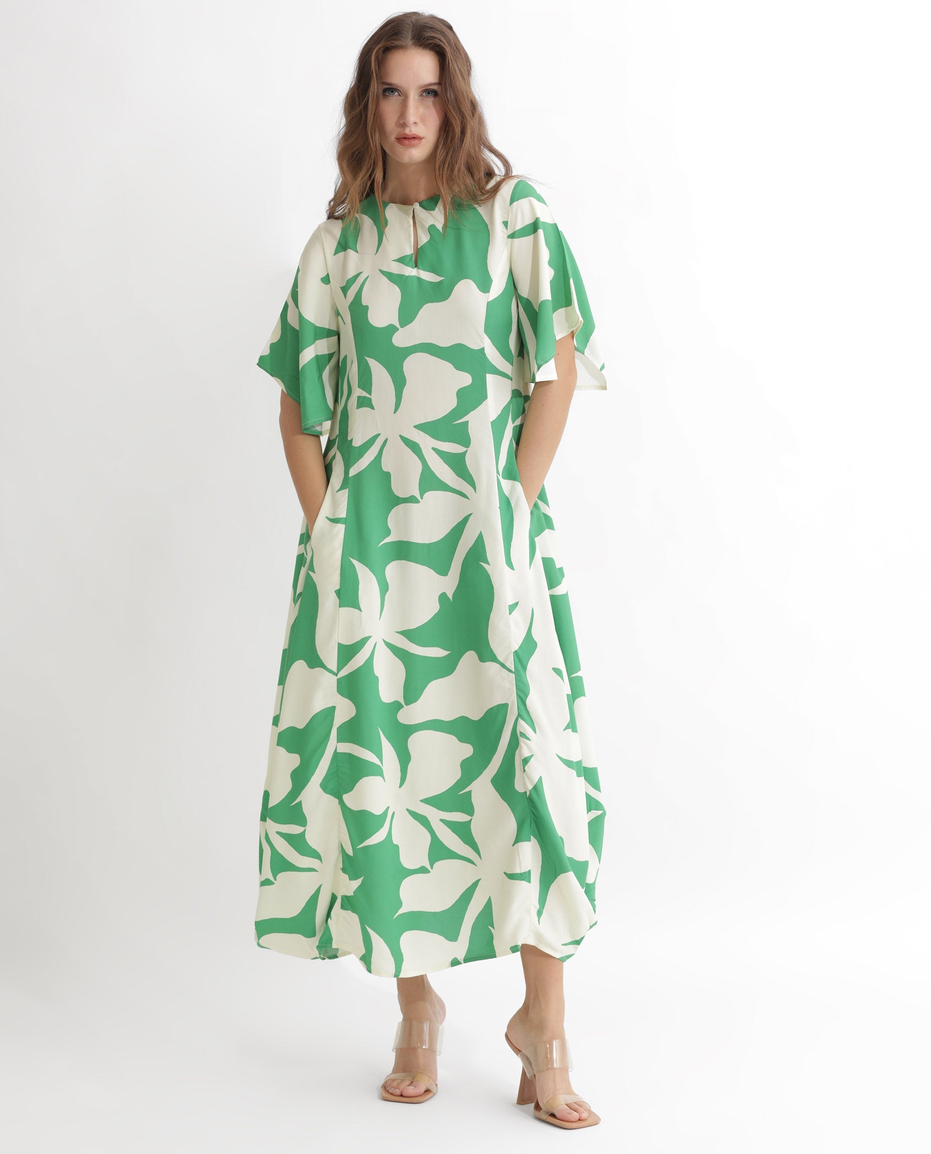 Rareism Women Slager Green Abstract Print Round Neck With Key Hole Button Half Sleeves And Pocket Midi Dress