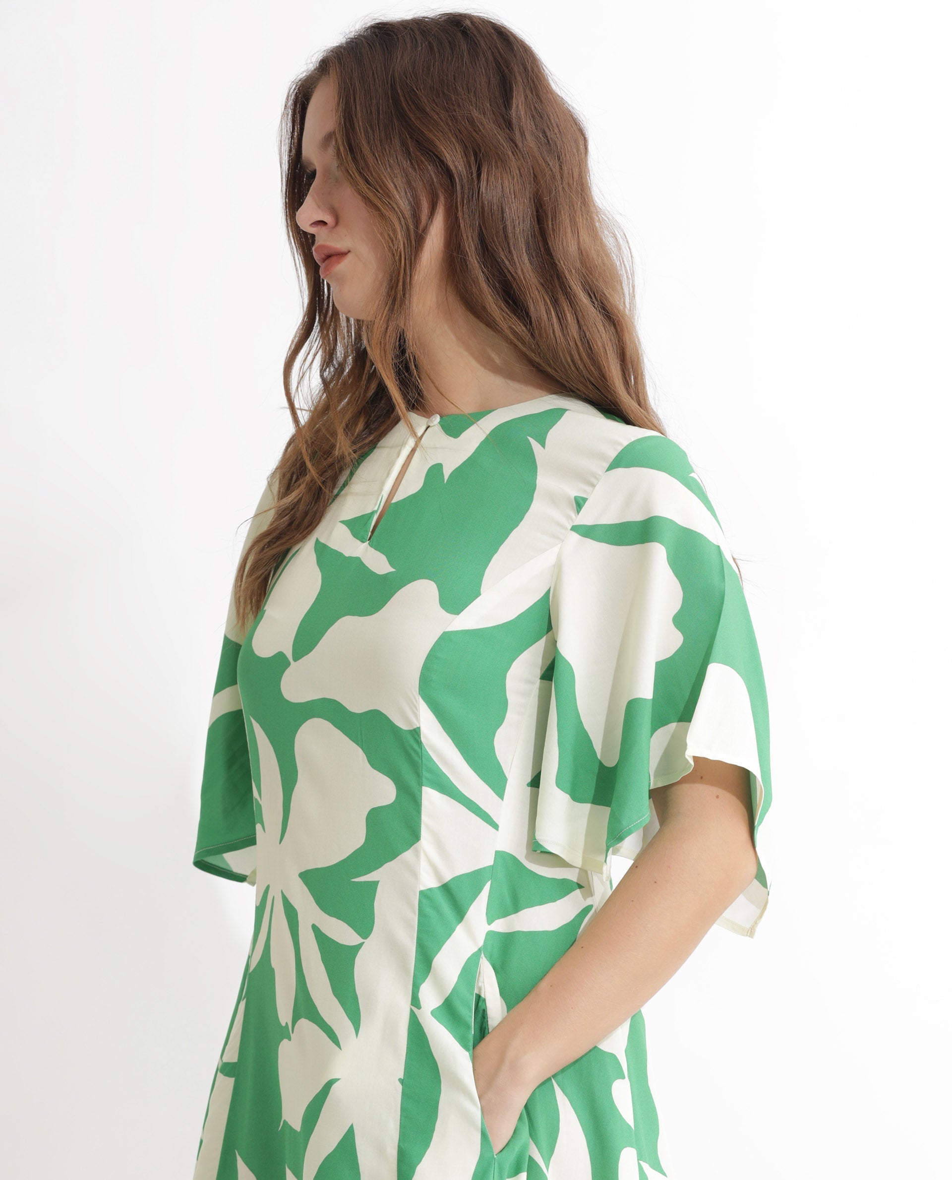 Rareism Women's Slager Green Viscose Key Hole Neck Floral Print Bell Sleeve Maxi Regular Fit Dress
