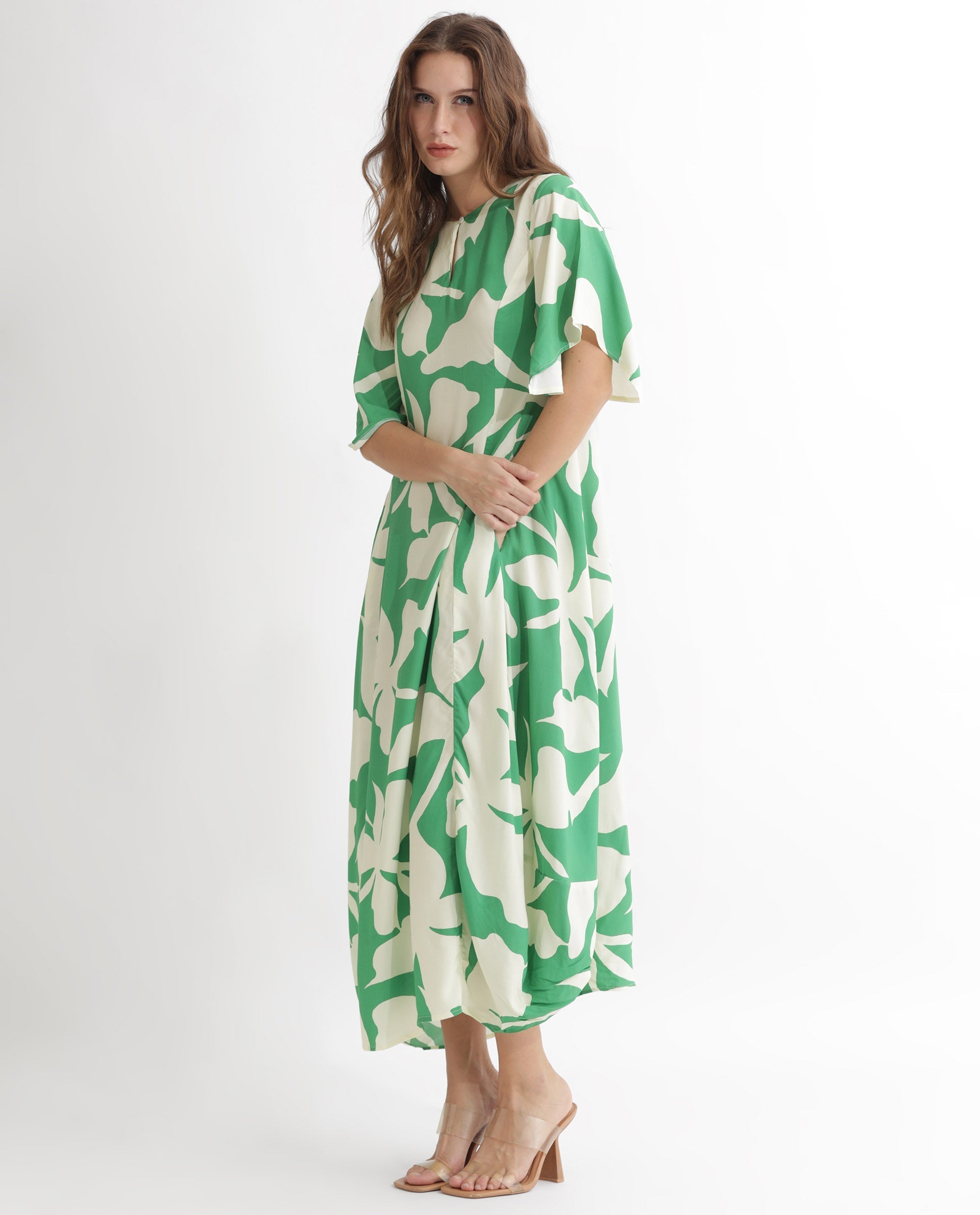 Rareism Women's Slager Green Viscose Key Hole Neck Floral Print Bell Sleeve Maxi Regular Fit Dress