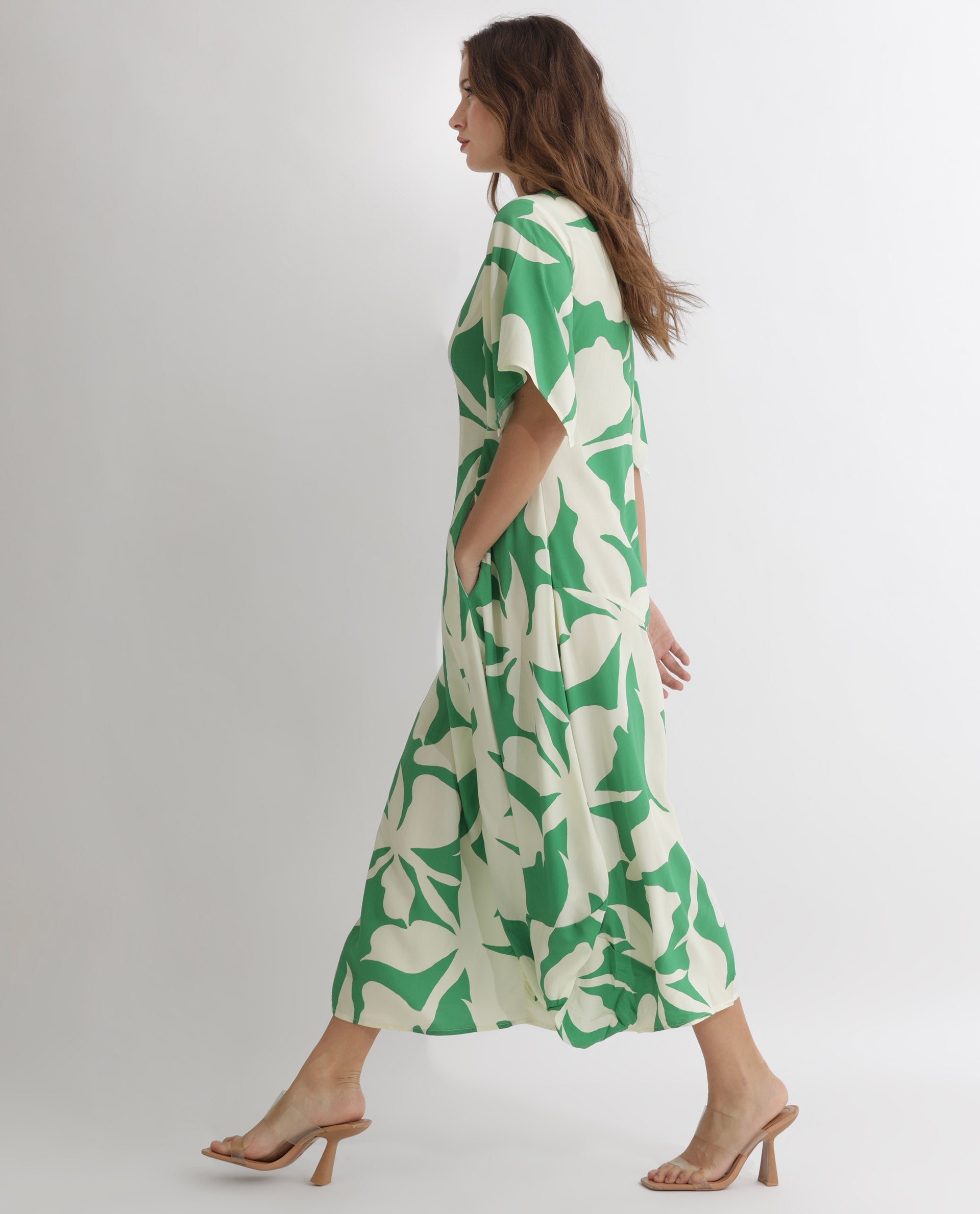 Rareism Women's Slager Green Viscose Key Hole Neck Floral Print Bell Sleeve Maxi Regular Fit Dress