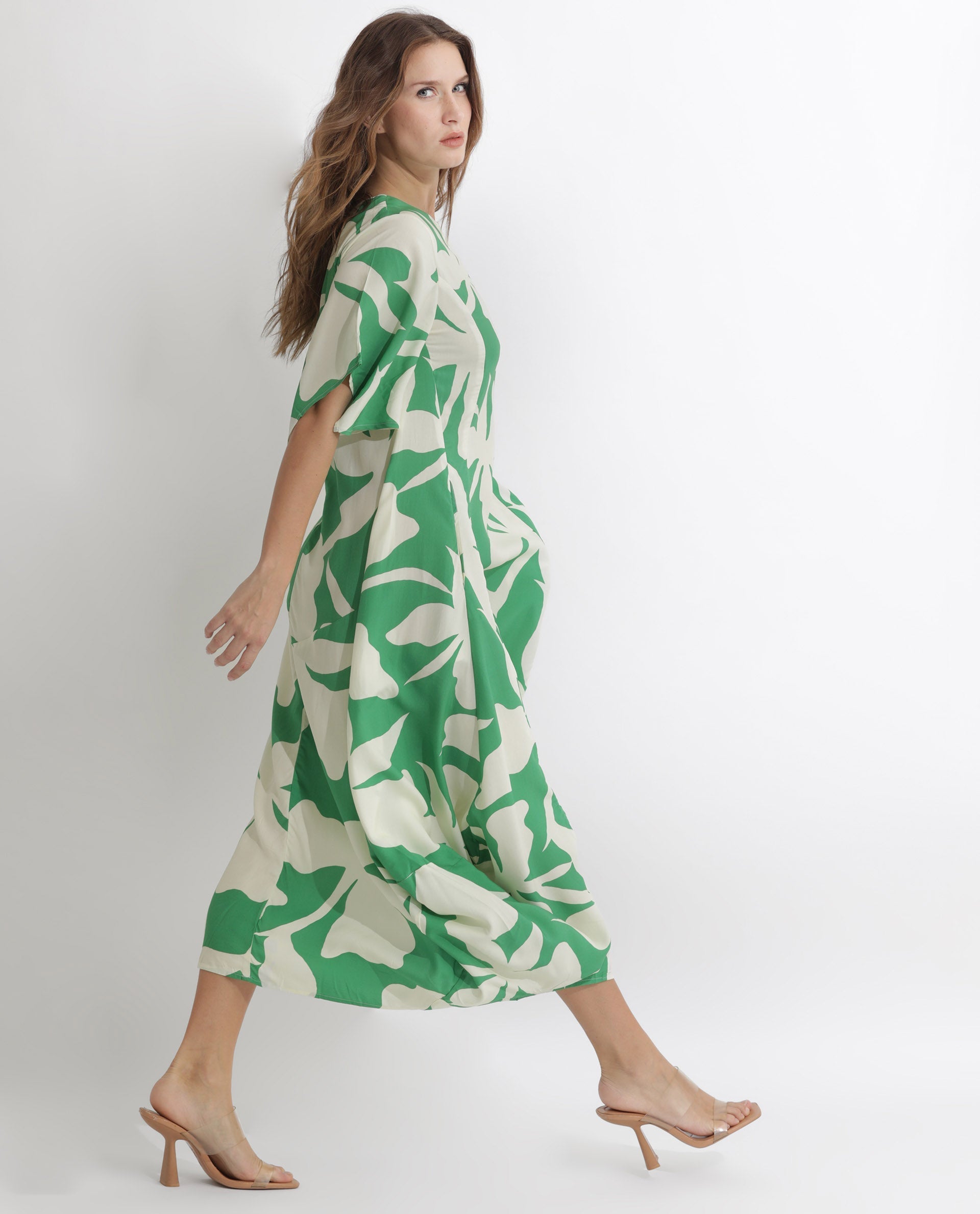 Rareism Women's Slager Green Viscose Key Hole Neck Floral Print Bell Sleeve Maxi Regular Fit Dress