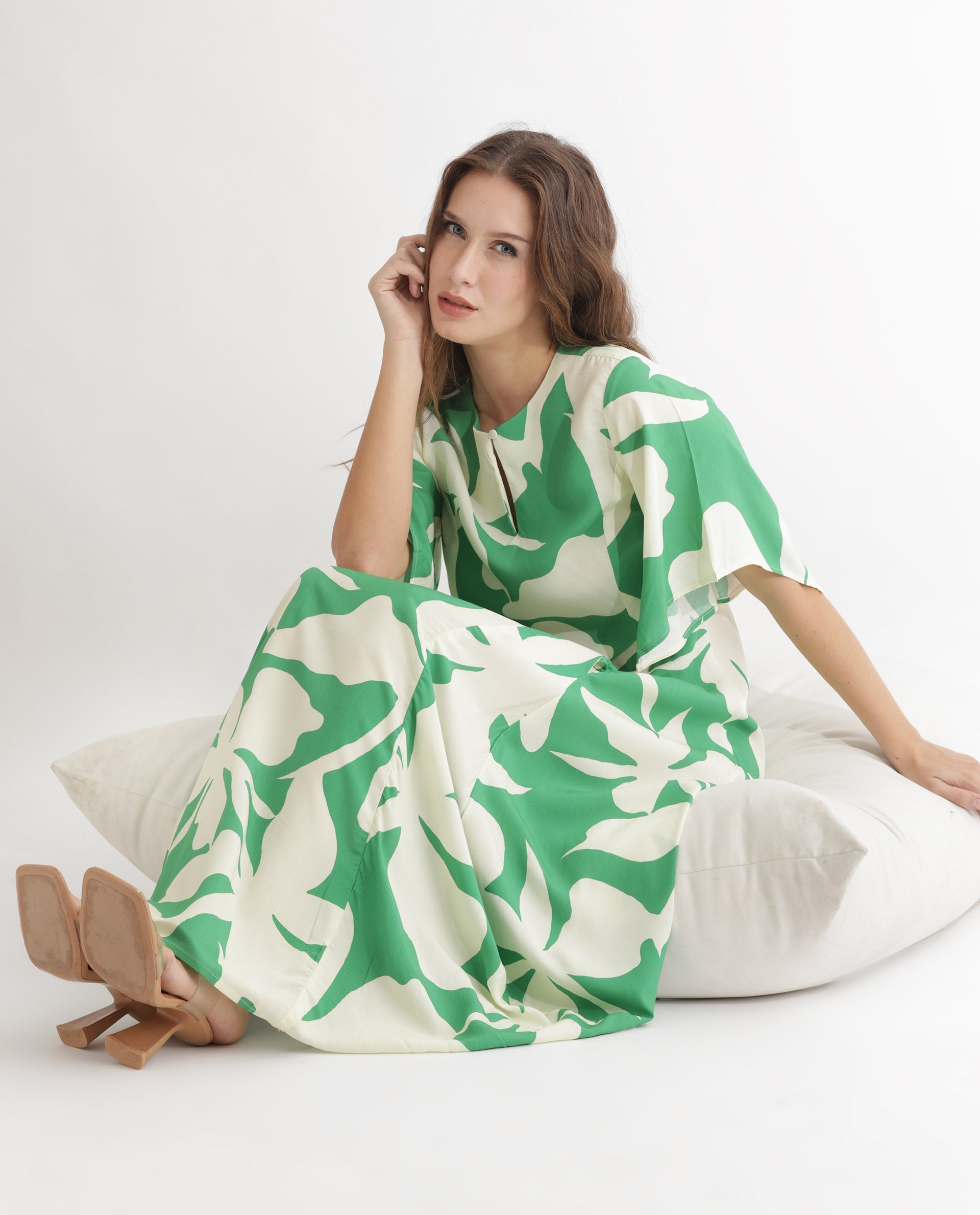 Rareism Women's Slager Green Viscose Key Hole Neck Floral Print Bell Sleeve Maxi Regular Fit Dress