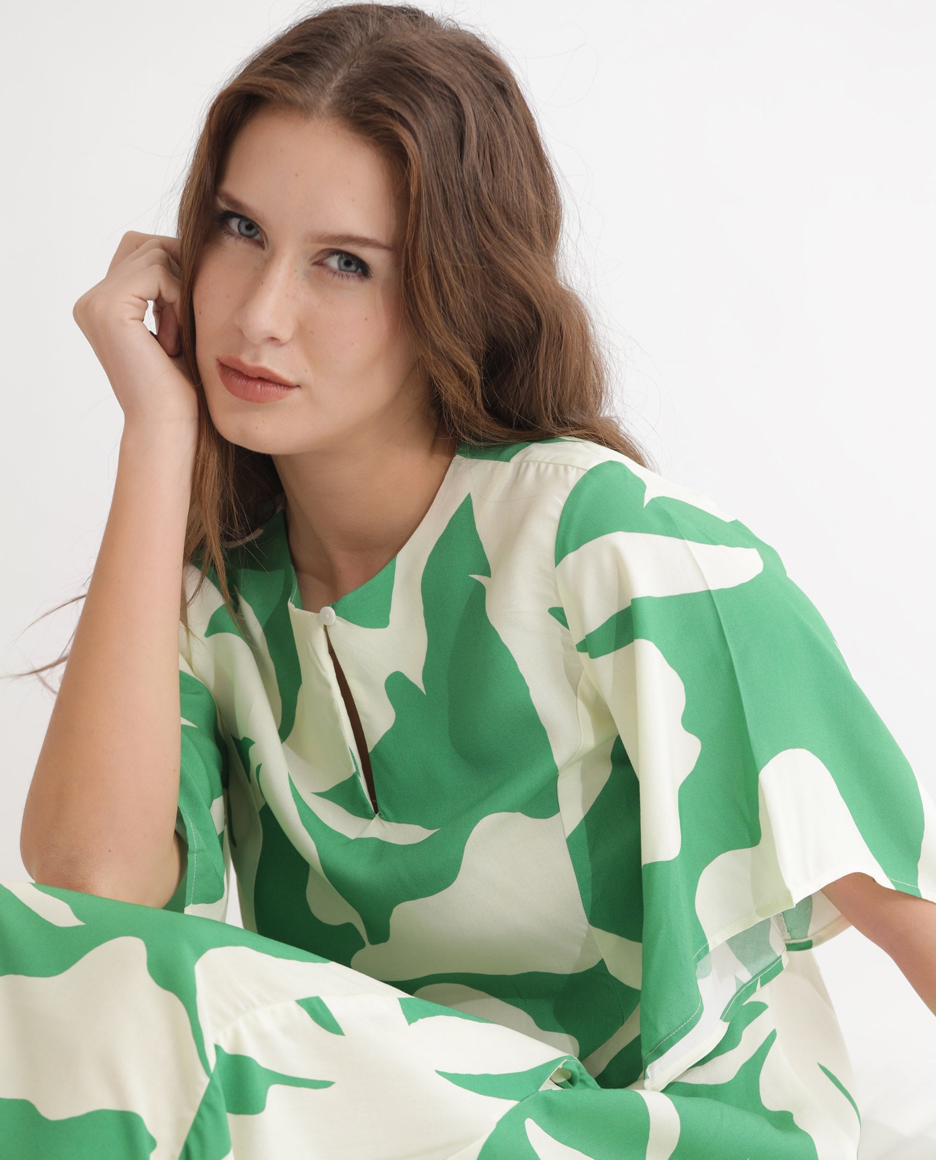 Rareism Women's Slager Green Viscose Key Hole Neck Floral Print Bell Sleeve Maxi Regular Fit Dress