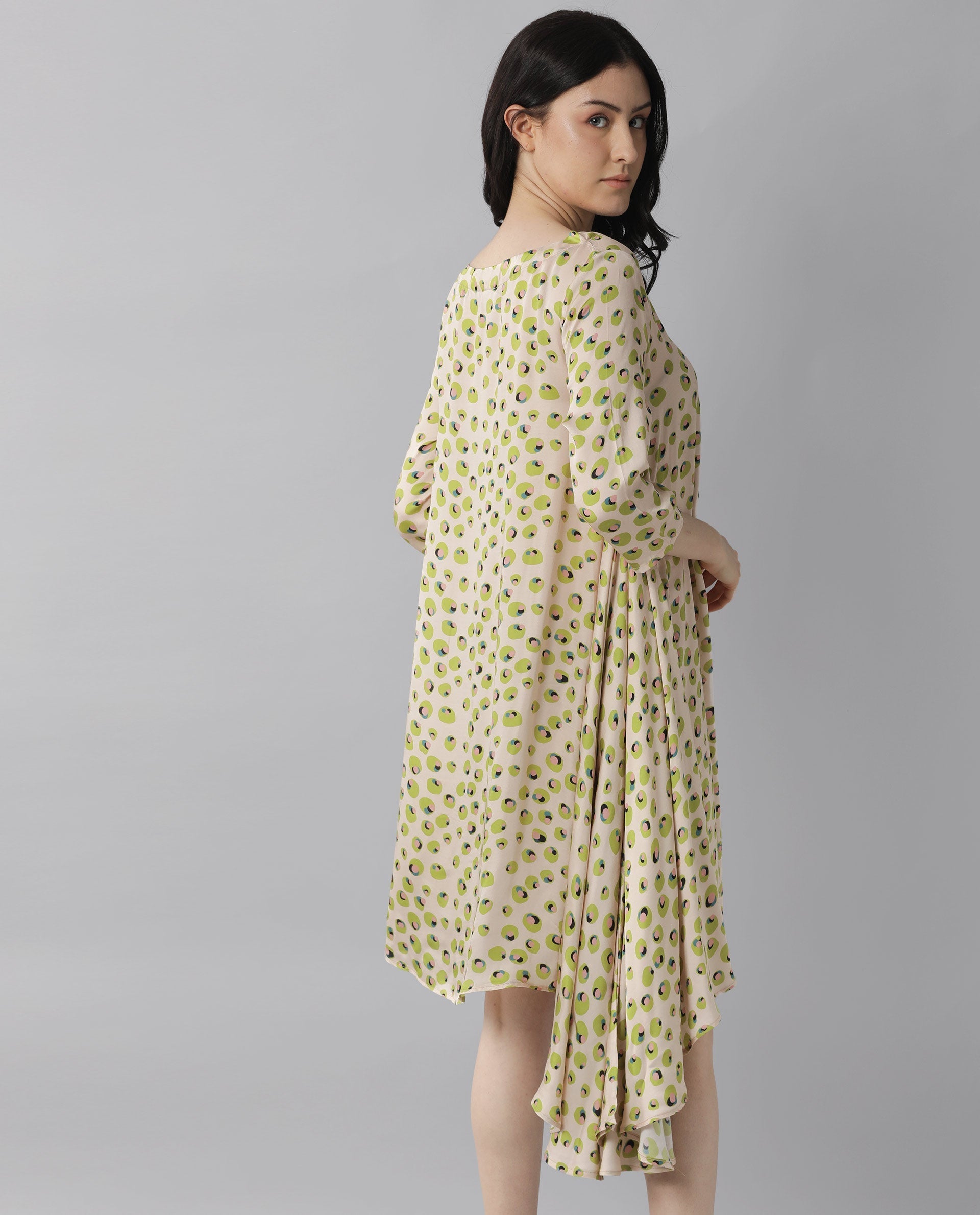 Rareism Womens Slang Beige Dress Modal Fabric Relaxed Fit 3/4 Sleeve Round Neck
