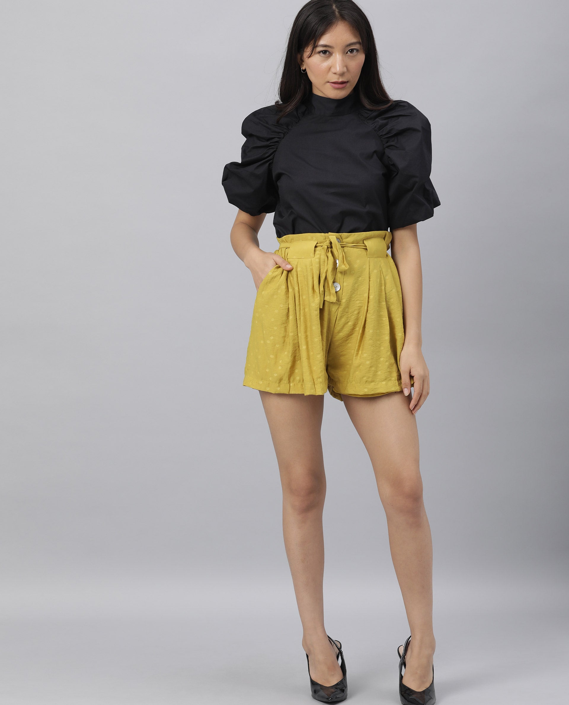 Rareism Women Slosh Black Cotton Lycra Fabric Regular Fit Ruffled Neck Half Sleeves Solid Top