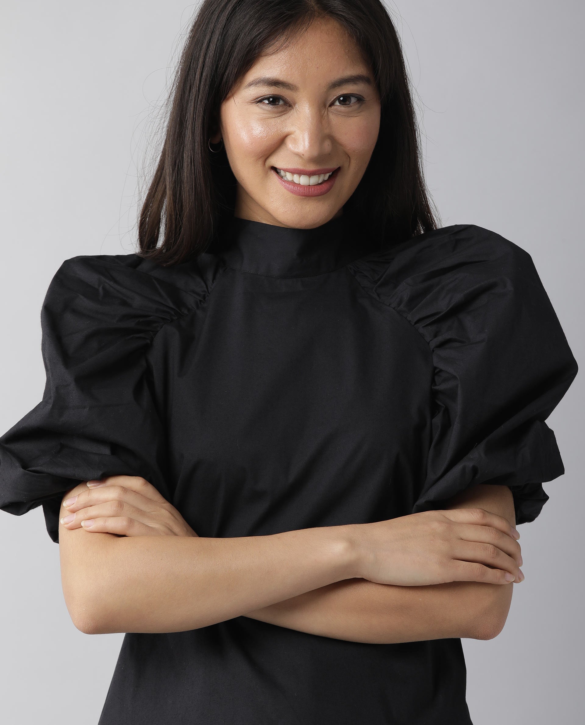 Rareism Women Slosh Black Cotton Lycra Fabric Regular Fit Ruffled Neck Half Sleeves Solid Top
