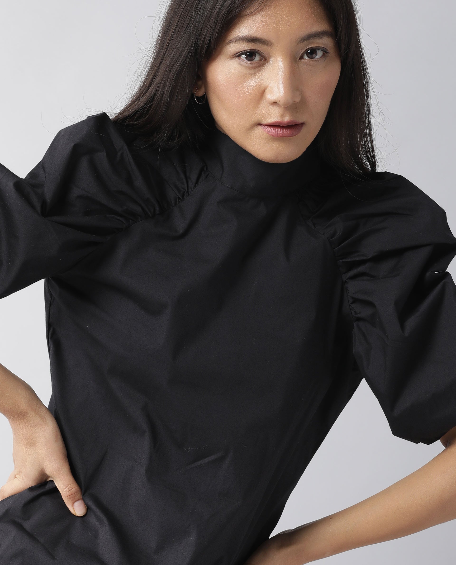 Rareism Women Slosh Black Cotton Lycra Fabric Regular Fit Ruffled Neck Half Sleeves Solid Top