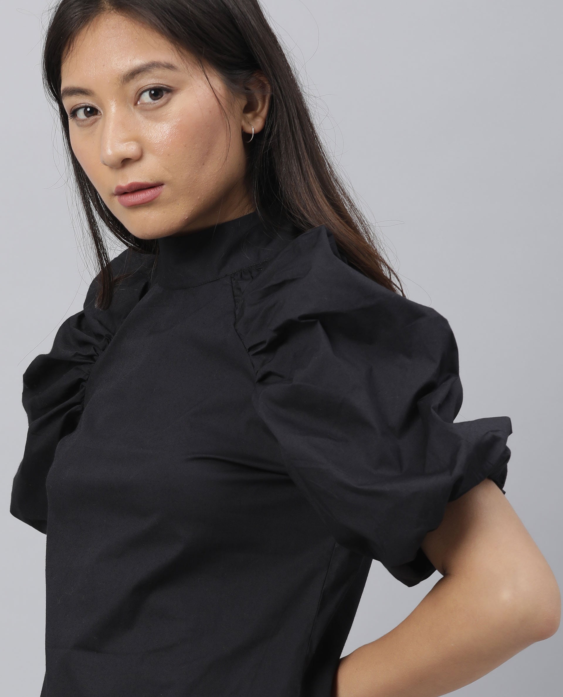 Rareism Women Slosh Black Cotton Lycra Fabric Regular Fit Ruffled Neck Half Sleeves Solid Top