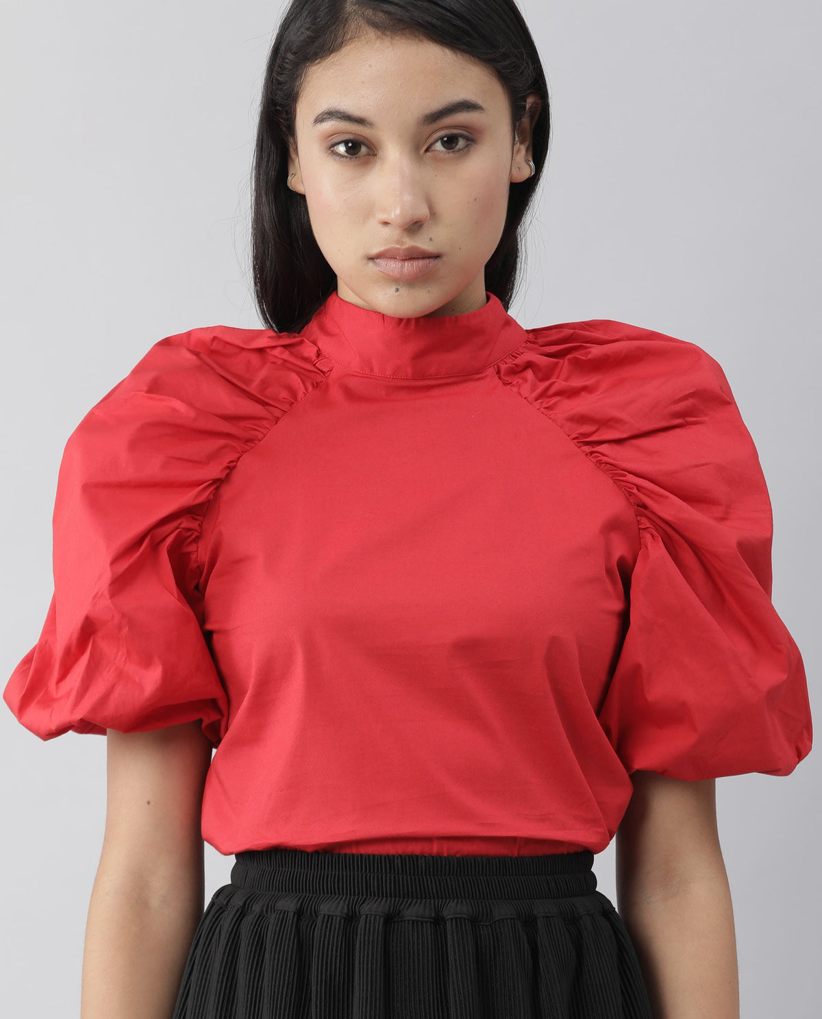 Rareism Womens Slosh Red Top Cotton Lycra Fabric Regular Fit Puff Sleeves High Neck