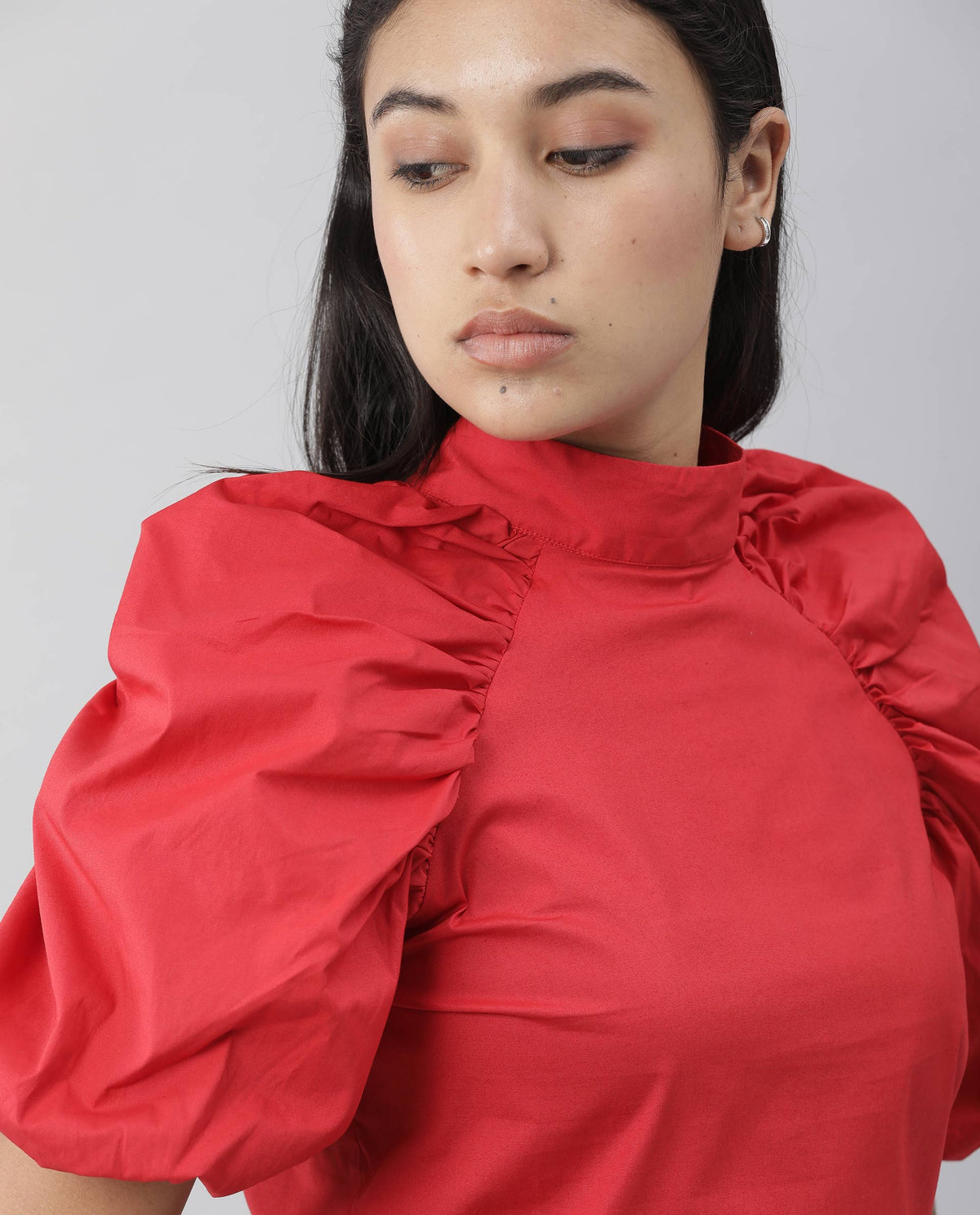 Rareism Womens Slosh Red Top Cotton Lycra Fabric Regular Fit Puff Sleeves High Neck
